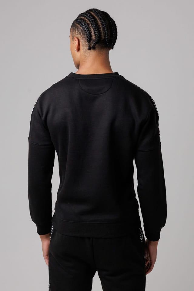 Firetrap Firetrap Men's Cotton Rich Crew Neck Sweatshirt with Logo Strip Sleeves in Black - 2