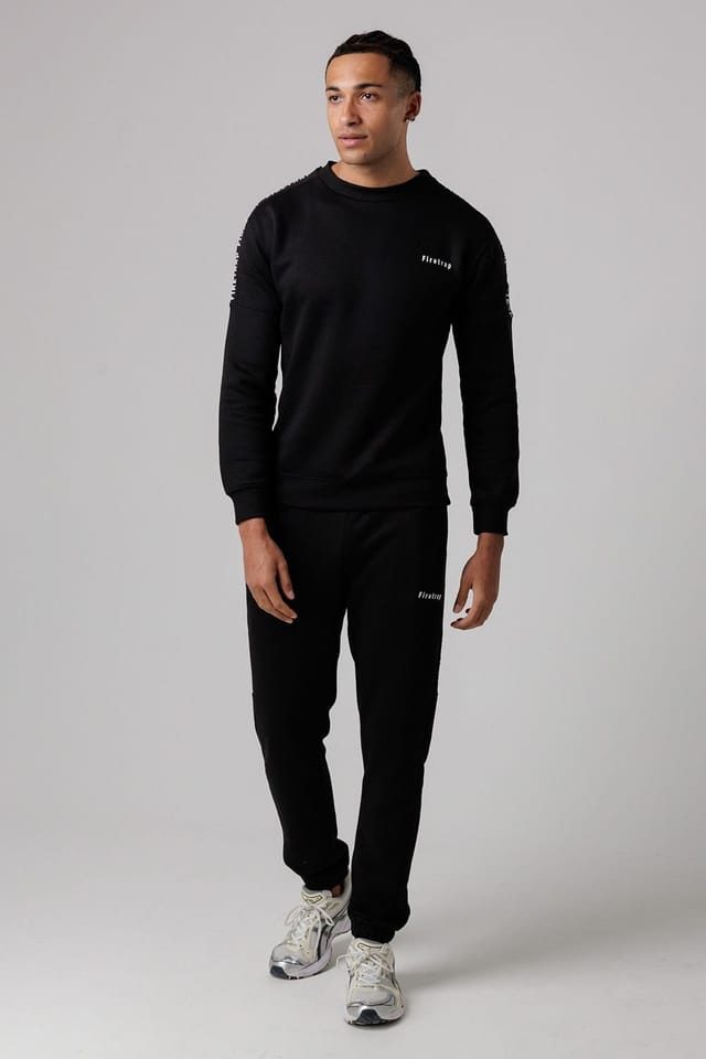 Firetrap Firetrap Men's Cotton Rich Crew Neck Sweatshirt with Logo Strip Sleeves in Black - 3