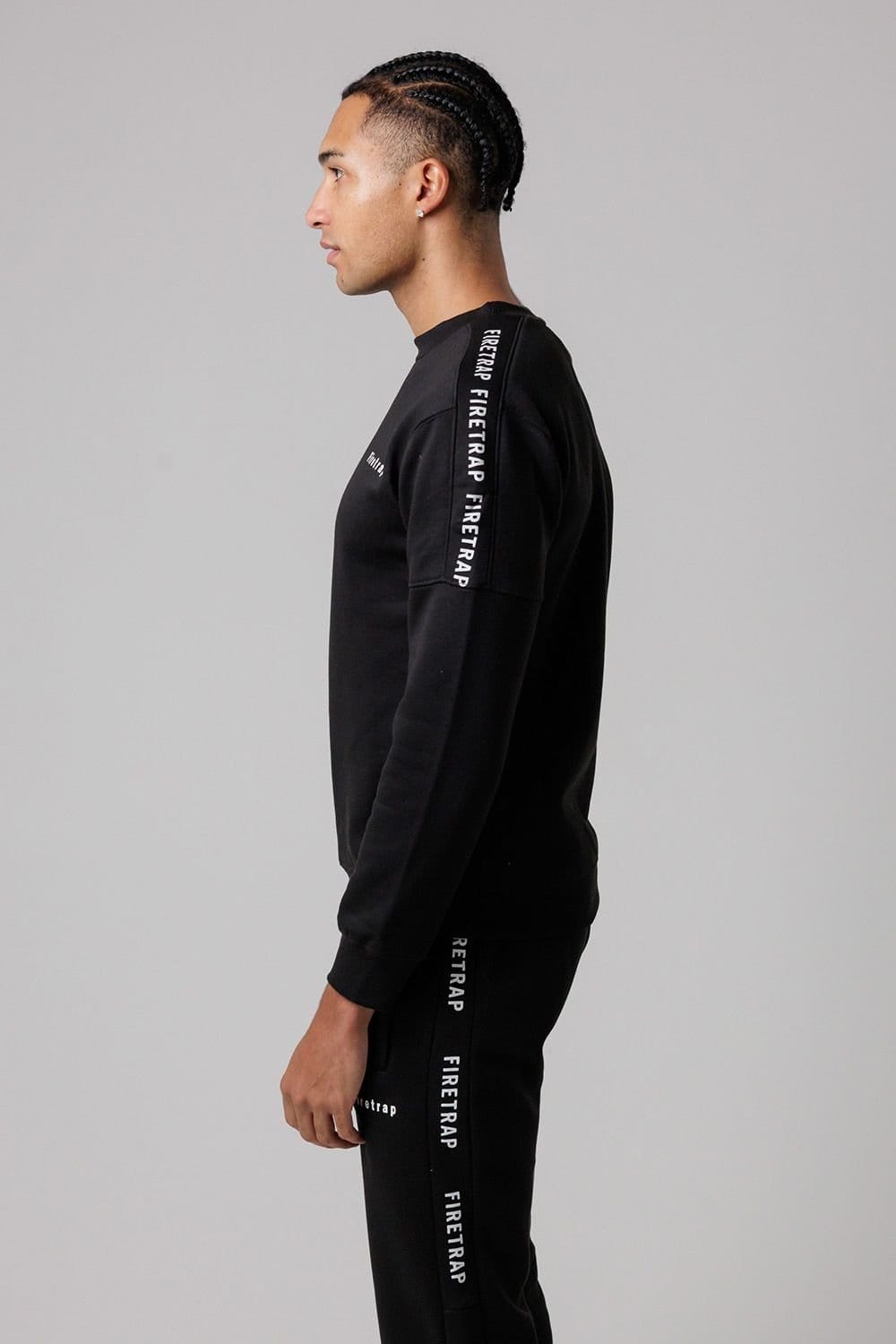 Firetrap Firetrap Men's Cotton Rich Crew Neck Sweatshirt with Logo Strip Sleeves in Black - 4