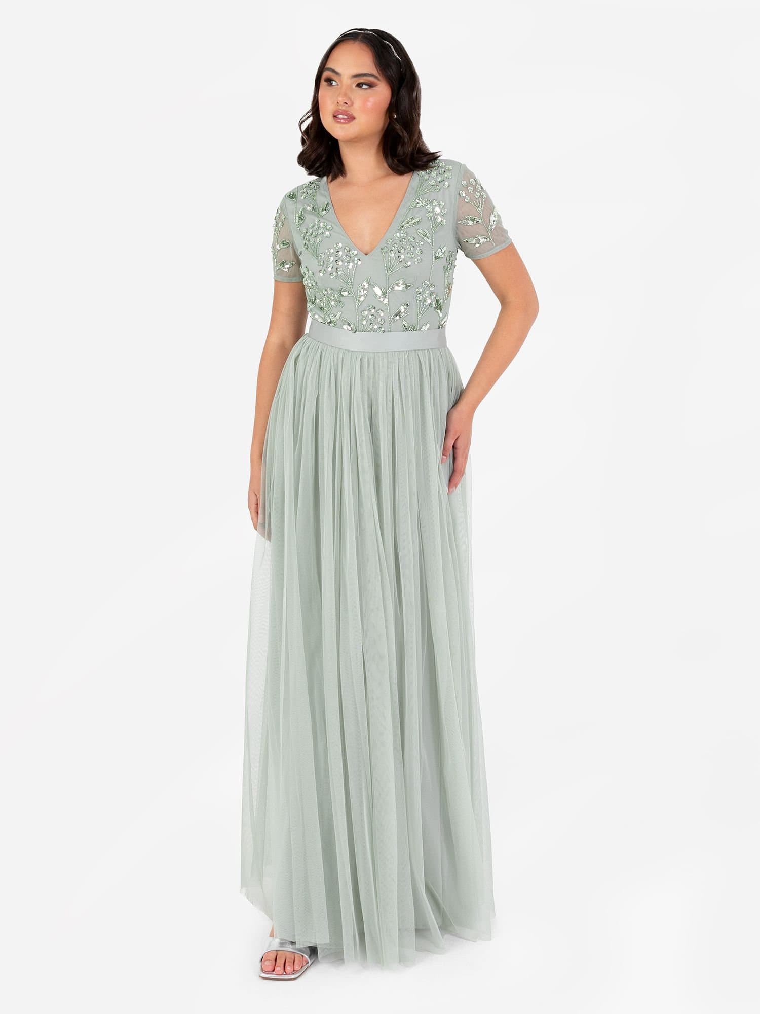 Maya Deluxe Maya Deluxe Women's Floral Embellished Short Sleeve V Neck Maxi Dress in Mint