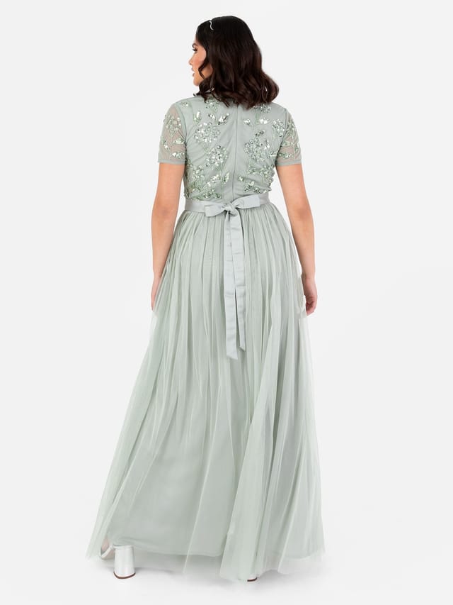 Maya Deluxe Maya Deluxe Women's Floral Embellished Short Sleeve V Neck Maxi Dress in Mint - 3