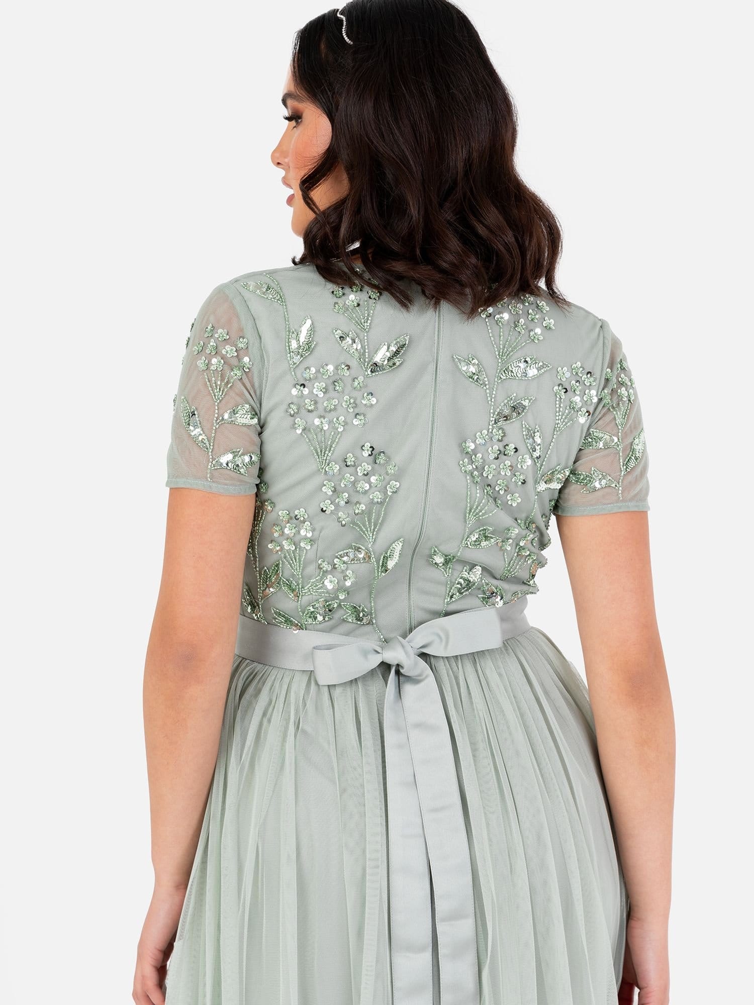 Maya Deluxe Maya Deluxe Women's Floral Embellished Short Sleeve V Neck Maxi Dress in Mint - 4