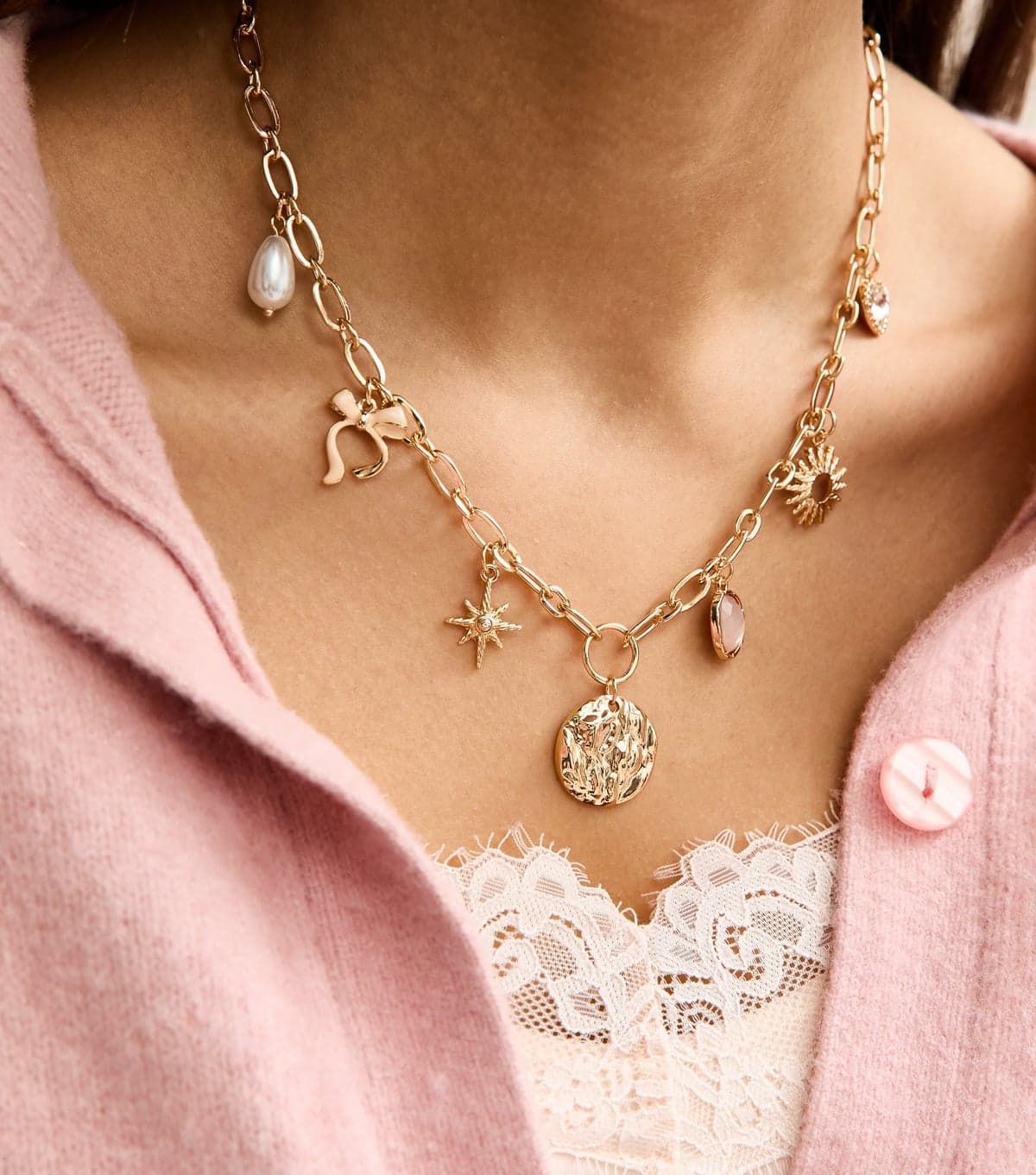 New Look Gold Tone Assorted Charm Chain Necklace New Look