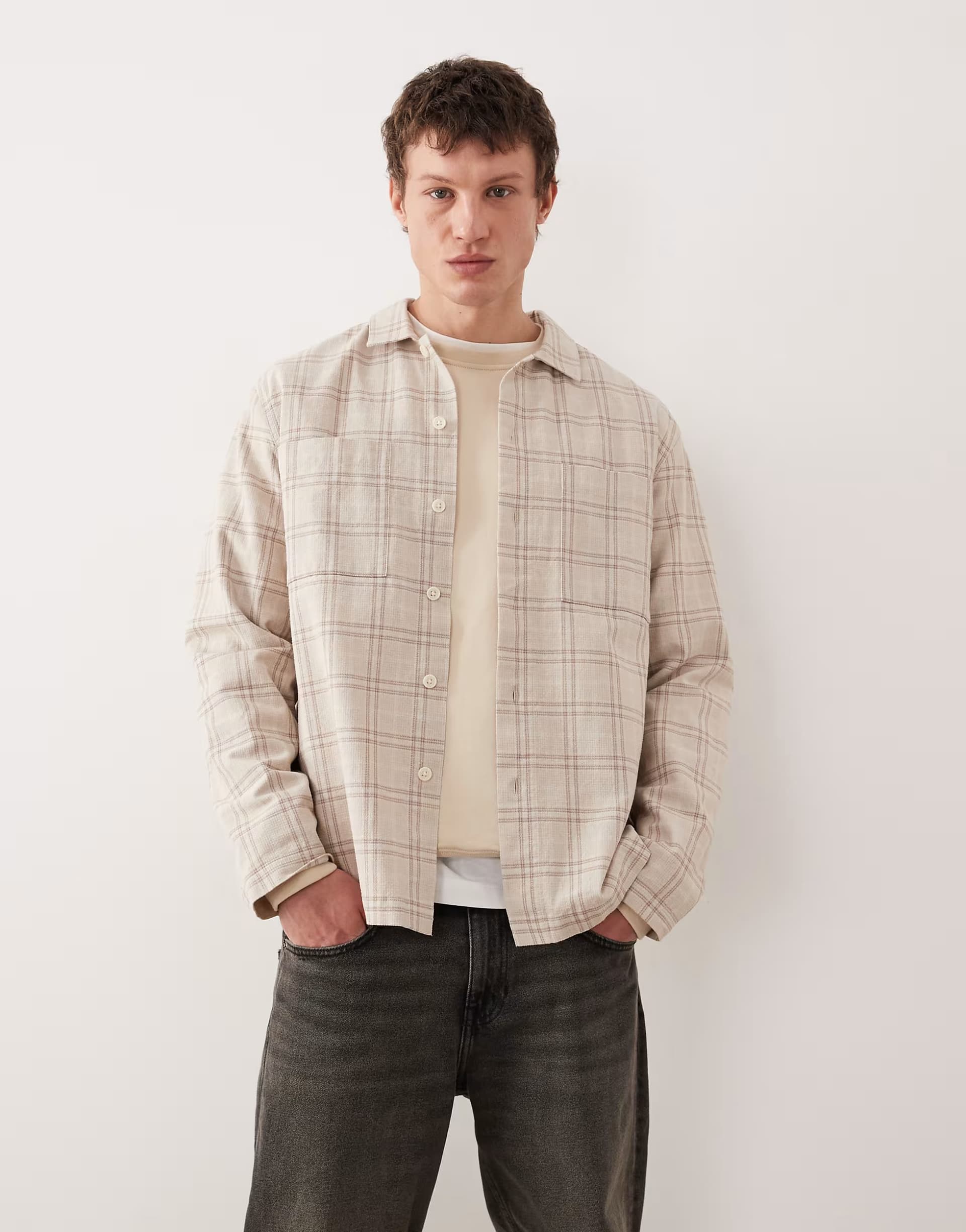 ASOS ASOS Textured Check Overshirt in Beige