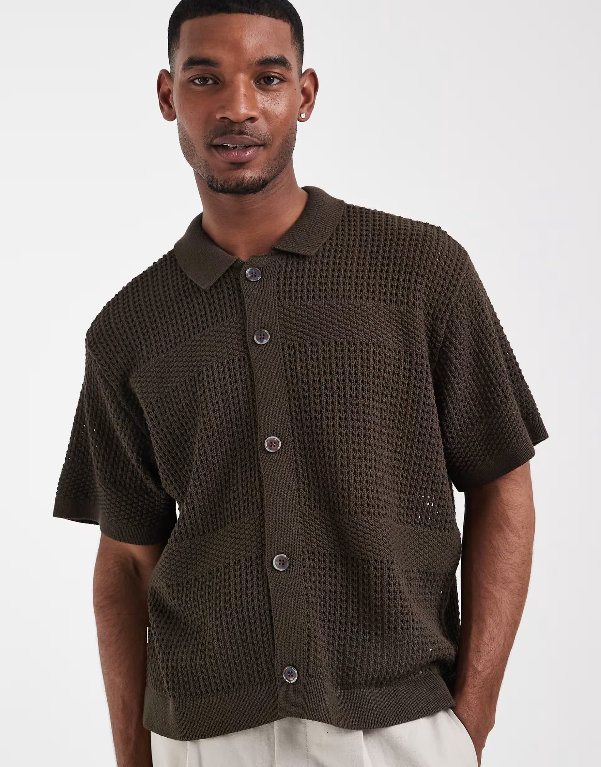 ASOS Obey zach knitted button up shirt in brown