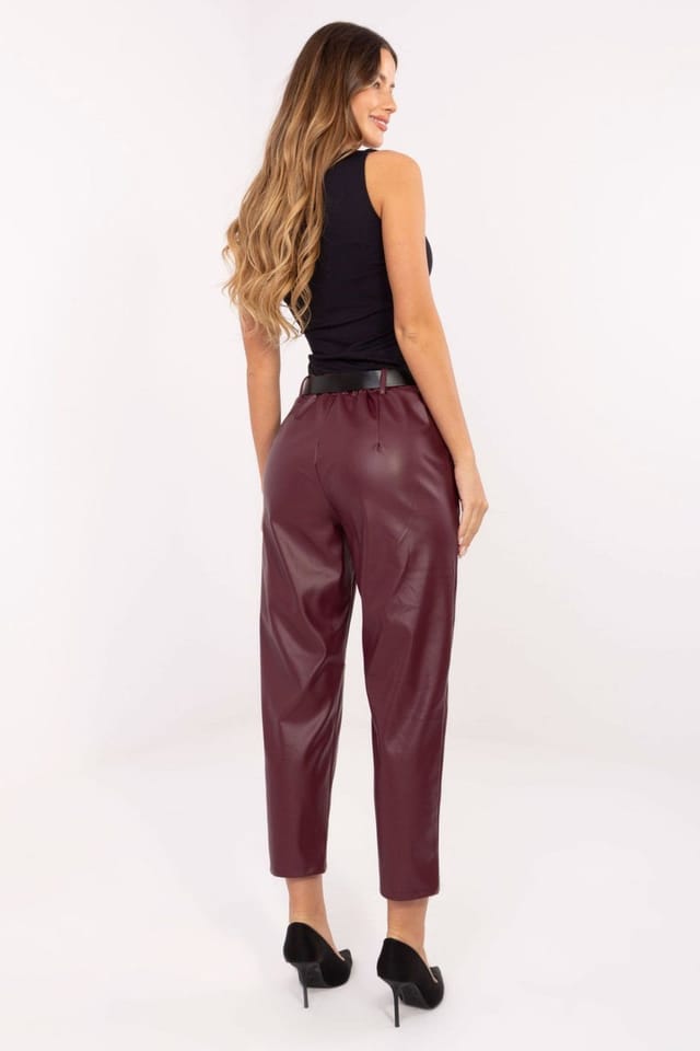 Love Lace Love Lace Women's High Waist Faux Leather Trousers with Lining in Burgundy - 3