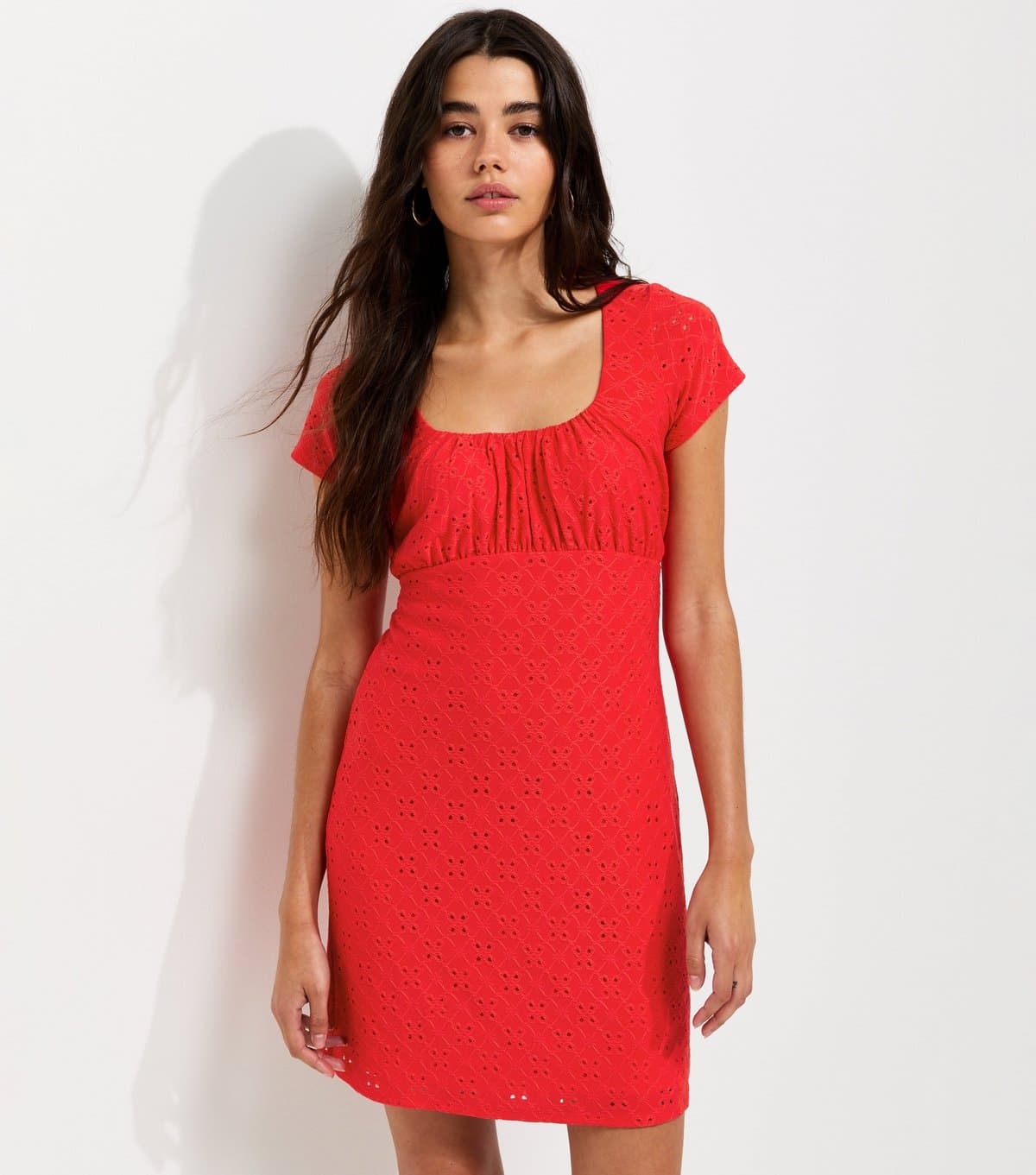 New Look Women's Bright Red Broderie Anglaise Ruched Bodice Mini Dress New Look
