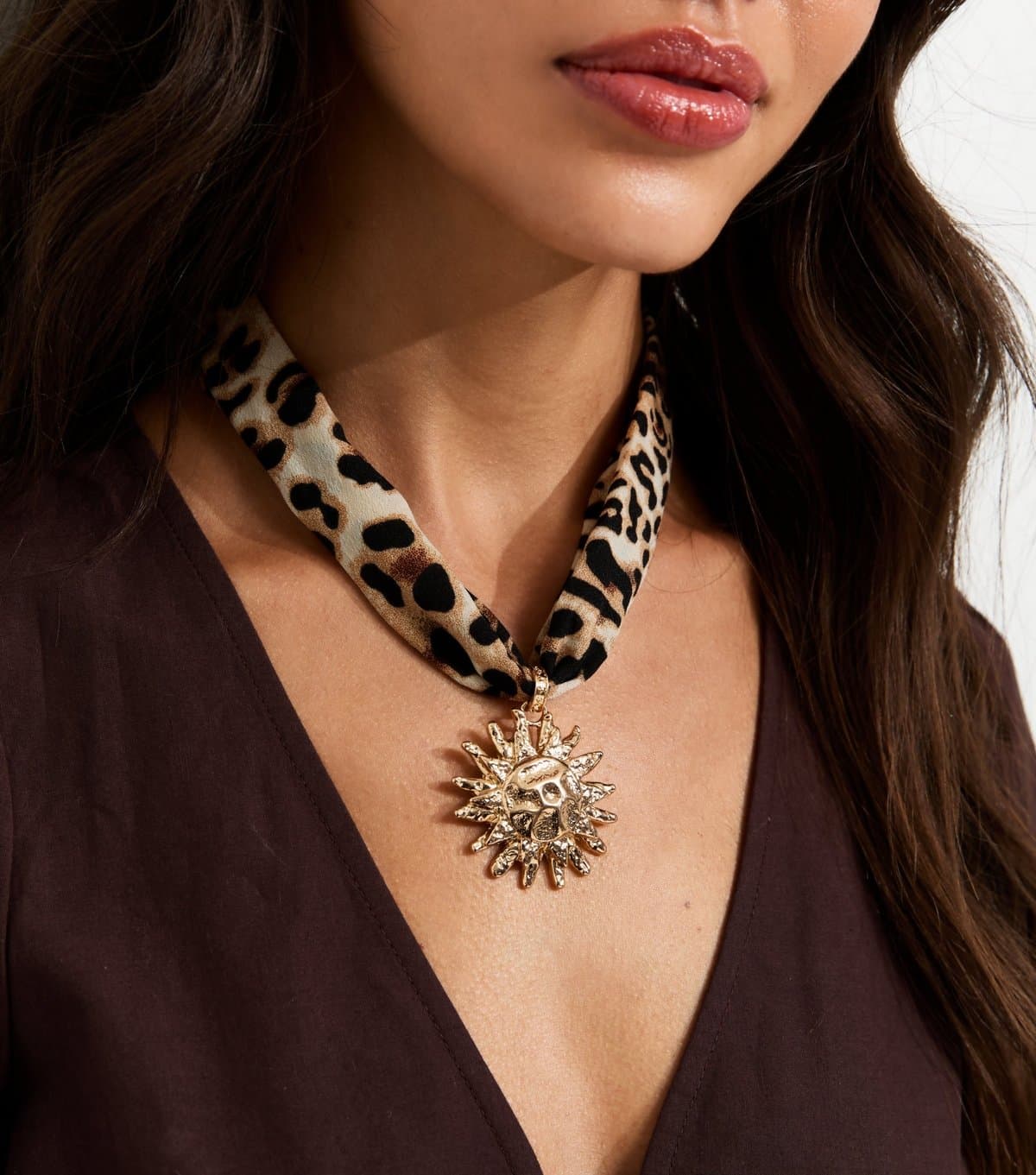 New Look New Look Brown Leopard Print Sun Pendant Necklace