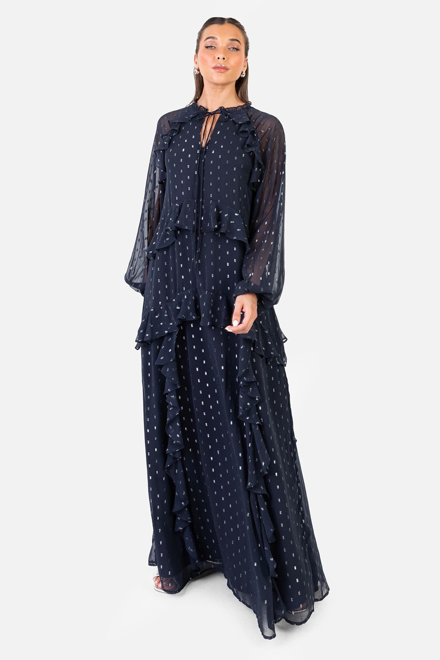 Anaya with Love Anaya with Love Women's Foil Chiffon Long Sleeve High Neck Ruffled Maxi Dress in Blue
