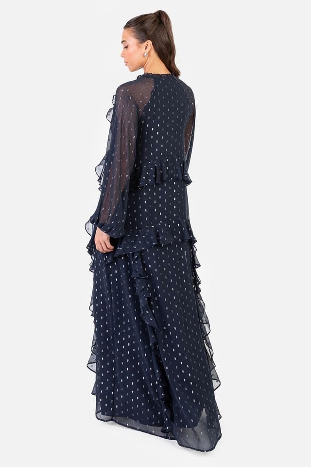 Anaya with Love Anaya with Love Women's Foil Chiffon Long Sleeve High Neck Ruffled Maxi Dress in Blue - 2