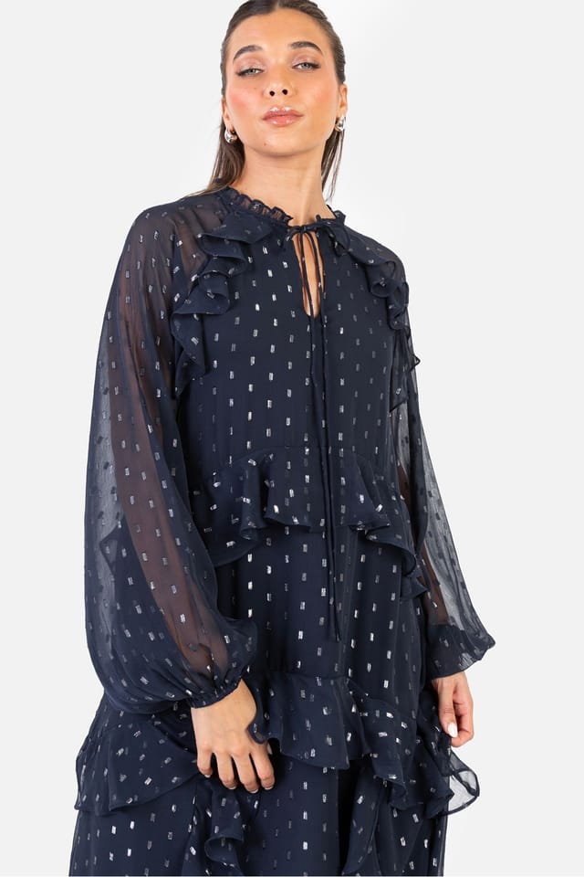 Anaya with Love Anaya with Love Women's Foil Chiffon Long Sleeve High Neck Ruffled Maxi Dress in Blue - 3