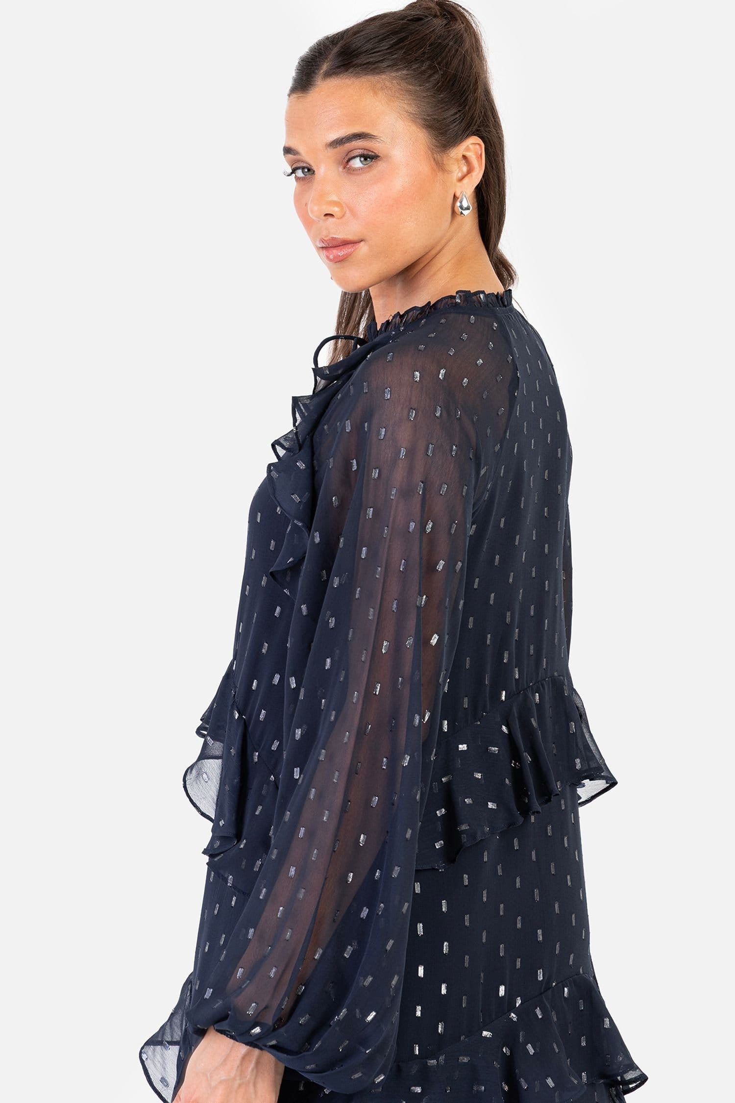 Anaya with Love Anaya with Love Women's Foil Chiffon Long Sleeve High Neck Ruffled Maxi Dress in Blue - 4