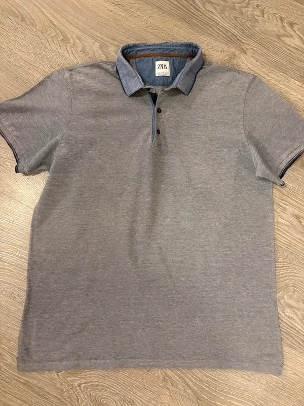 Zara Men's Grey Polo Shirt XL Chambray Collar Smart Casual