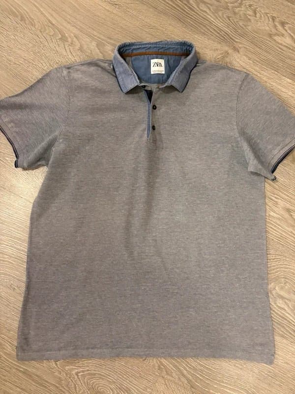 Zara Zara Men’s Grey Polo Shirt XL Chambray Collar Smart Casual Cotton Polo