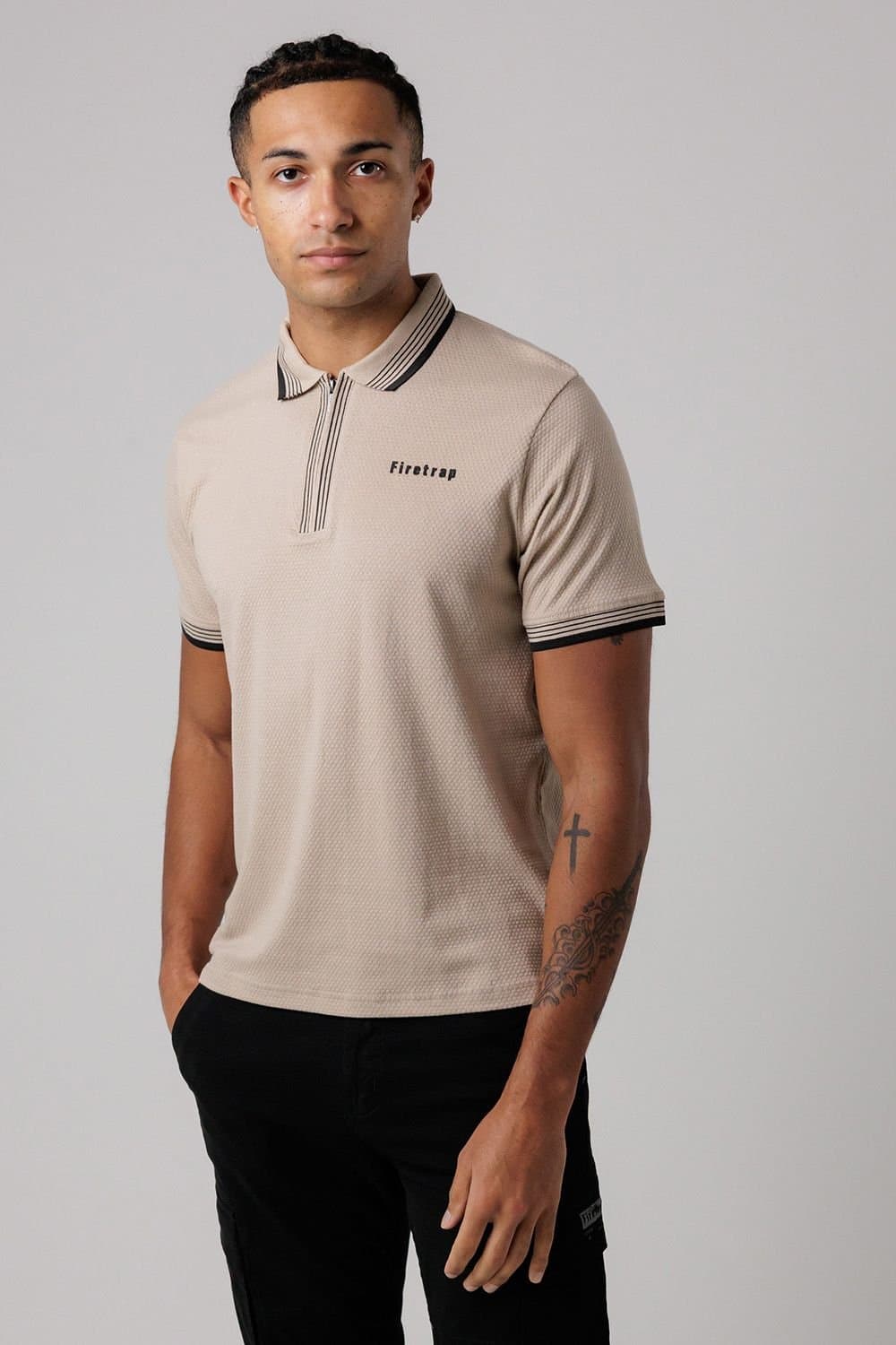 Firetrap Firetrap Men's Regular Fit Cotton Zip Polo Shirt with Gradient Stripes in Taupe