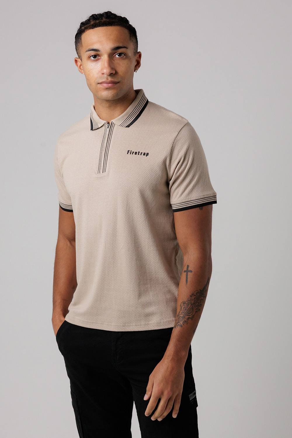 Firetrap Firetrap Men's Regular Fit Cotton Zip Polo Shirt with Gradient Stripes in Taupe - 2