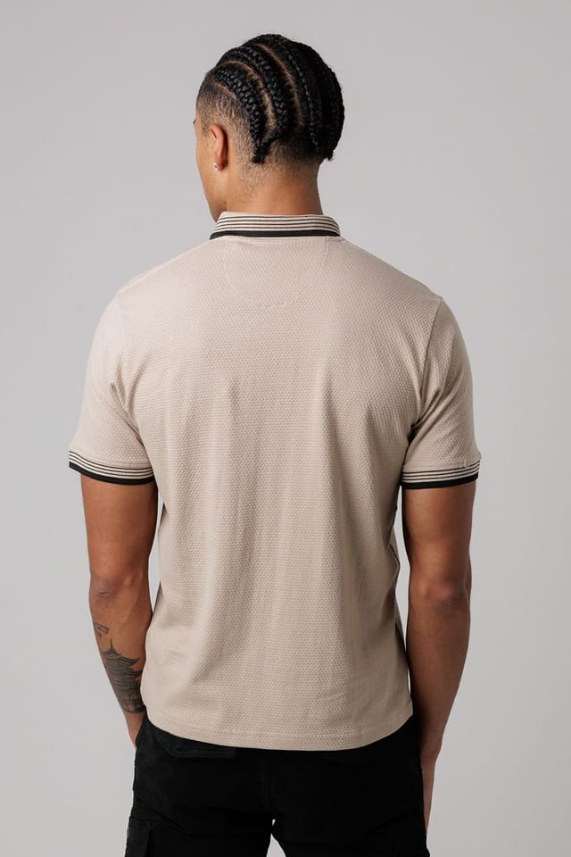 Firetrap Firetrap Men's Regular Fit Cotton Zip Polo Shirt with Gradient Stripes in Taupe - 2