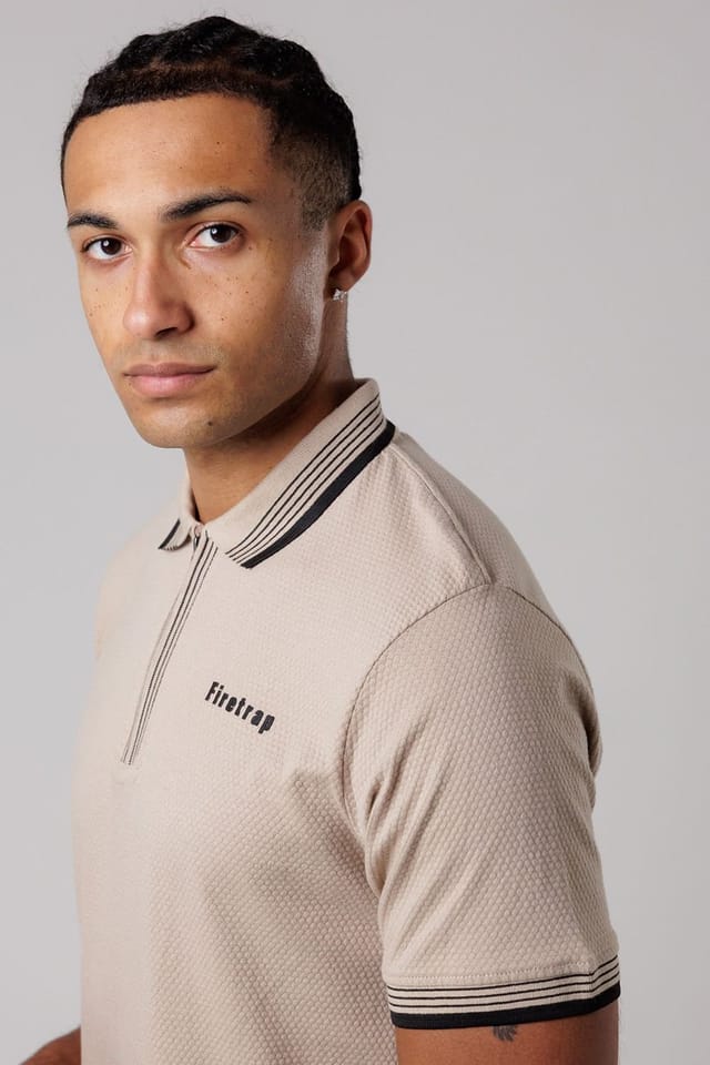 Firetrap Firetrap Men's Regular Fit Cotton Zip Polo Shirt with Gradient Stripes in Taupe - 3