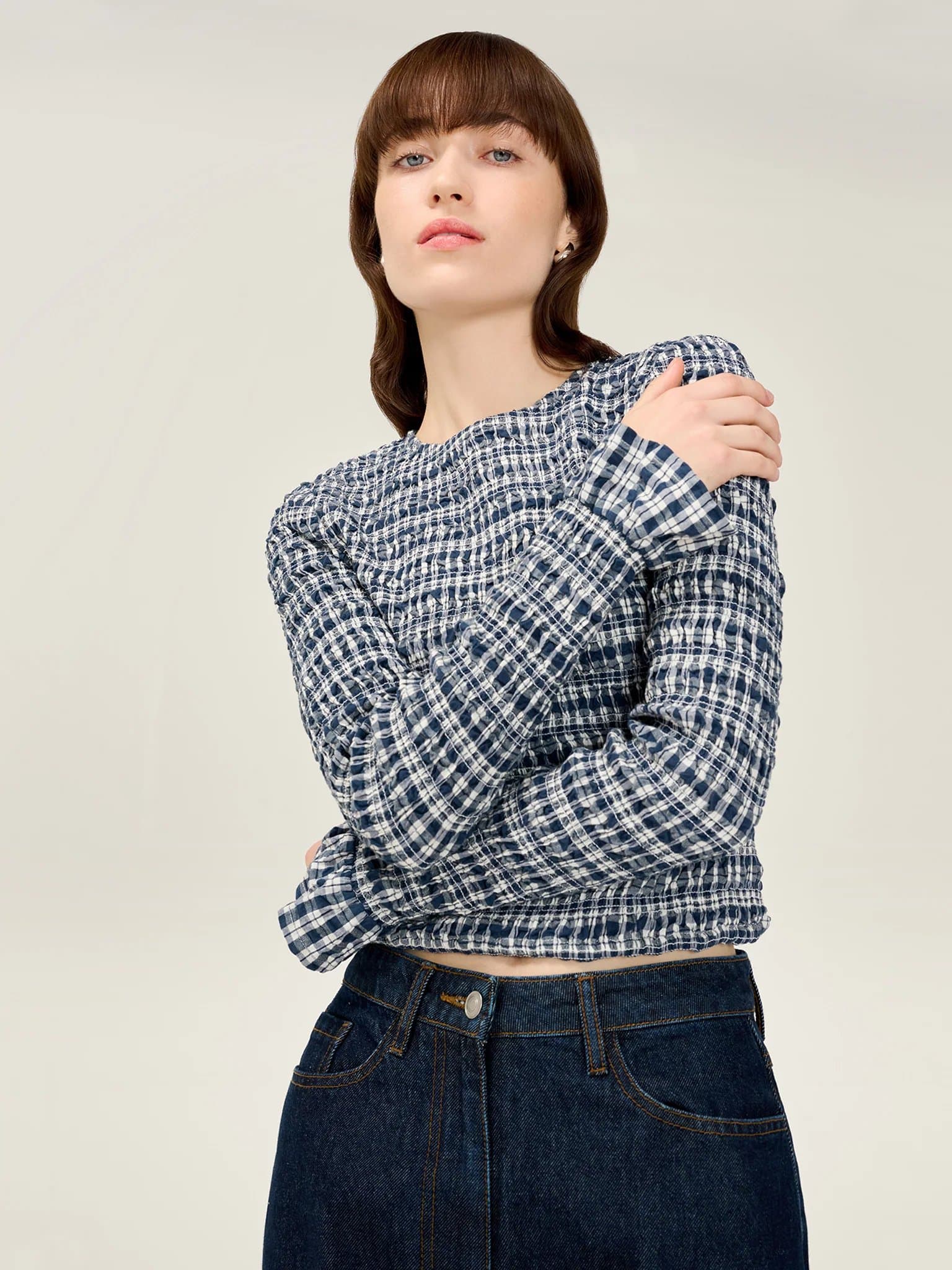 OMNES OMNES Gianna Check Top with Long Sleeves in Blue