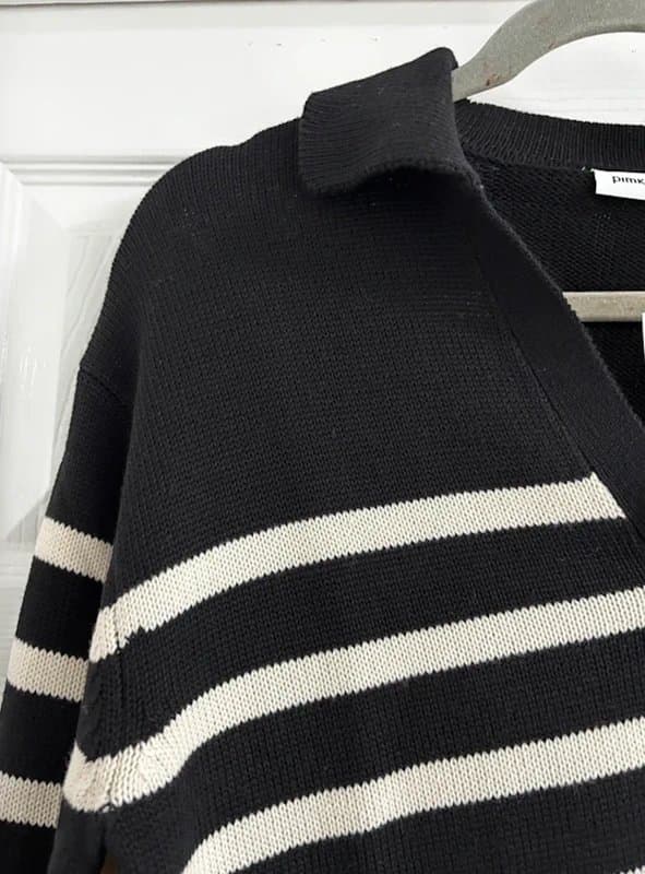 ASOS Pimkie v neck collar detail jumper in black and cream stripes XS