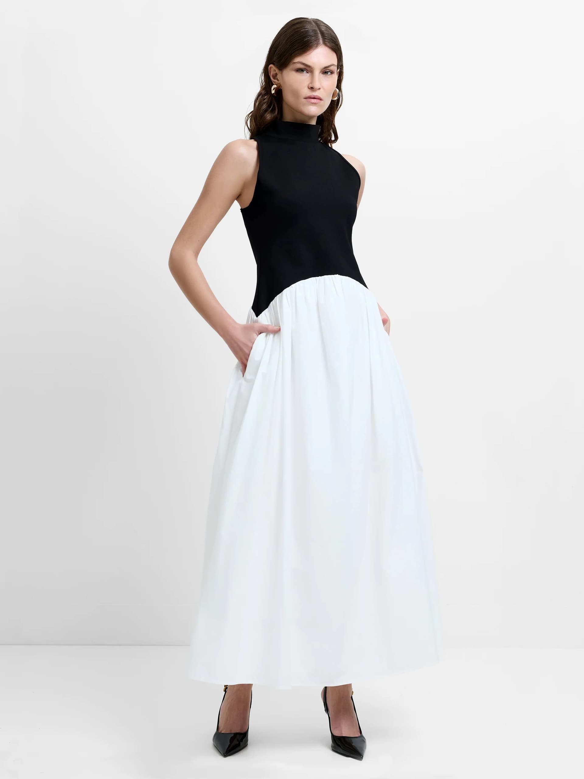 French Connection Ponte Combo Sleeveless Maxi Dress Black/Summer White