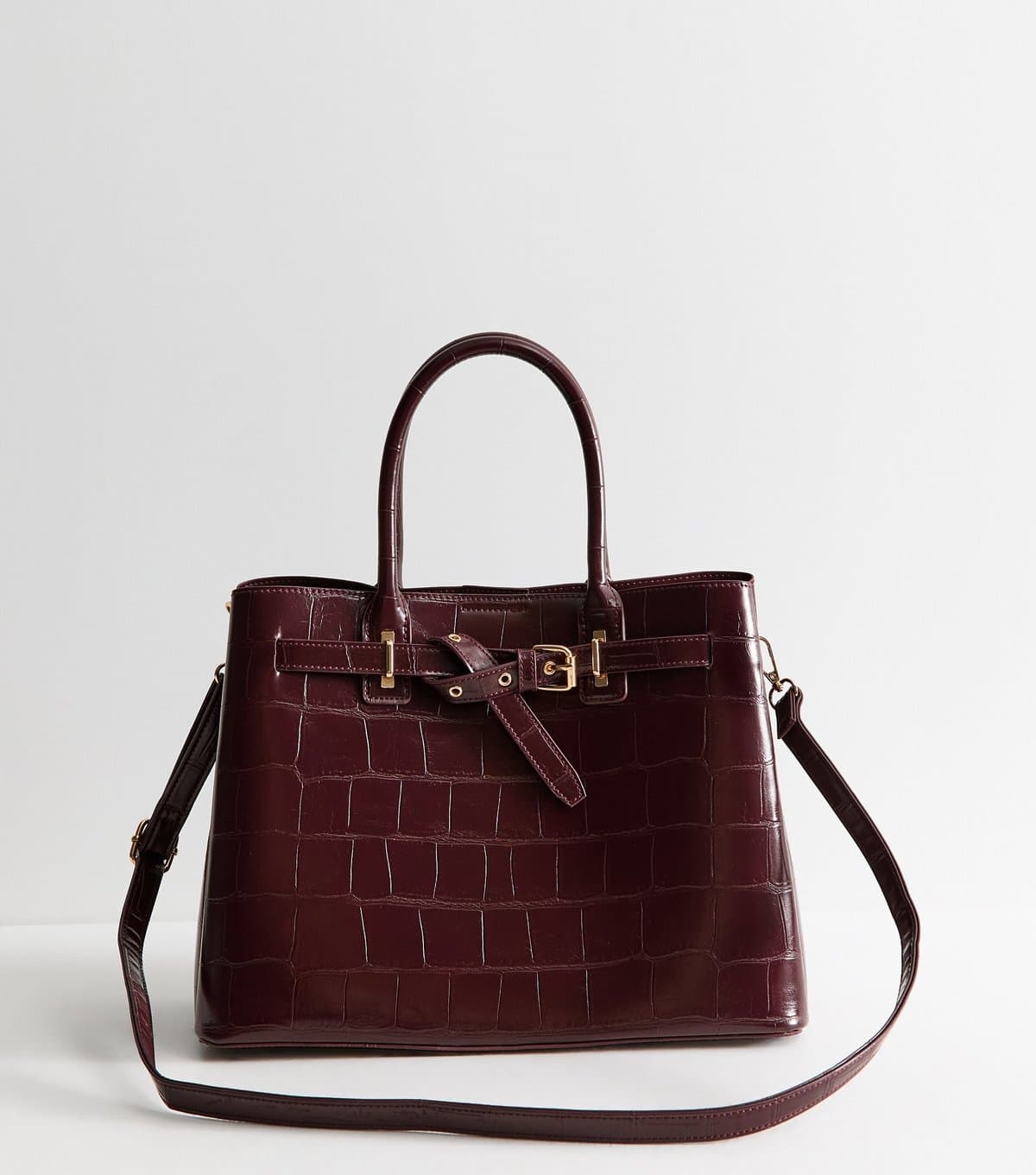 New Look Dark Burgundy Faux Leather Belted Crocodile Embossed Tote Bag New Look