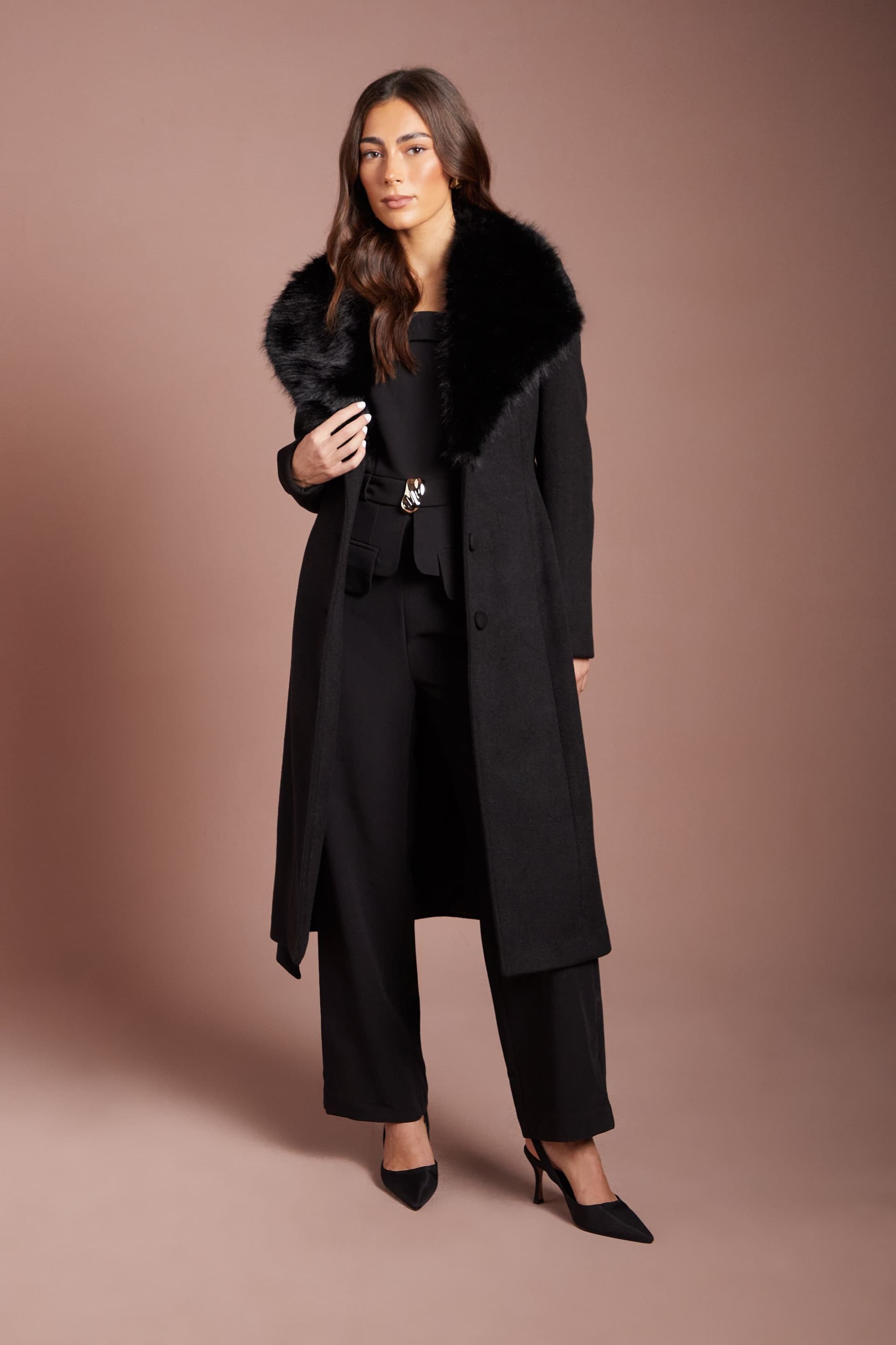 Coast Coast Women's Black Faux Fur Collar Occasion Belted Midi Coat