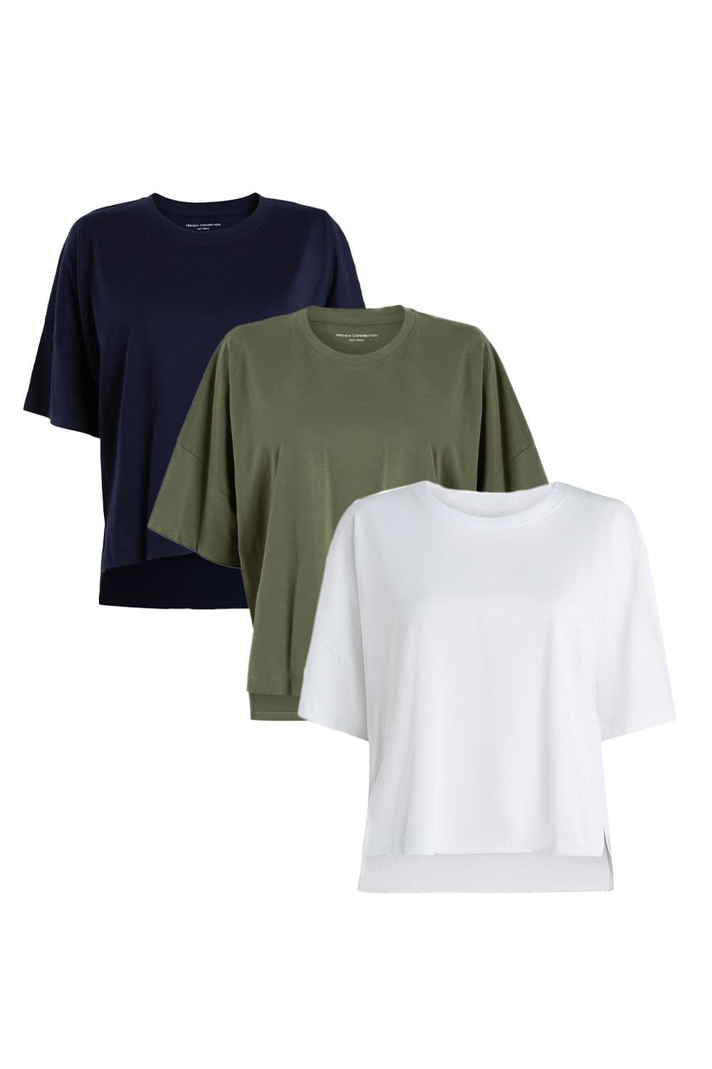 French Connection French Connection Women's 3-Pack Cotton Crew Neck Boxy Fit Short Sleeve T-Shirts in Navy