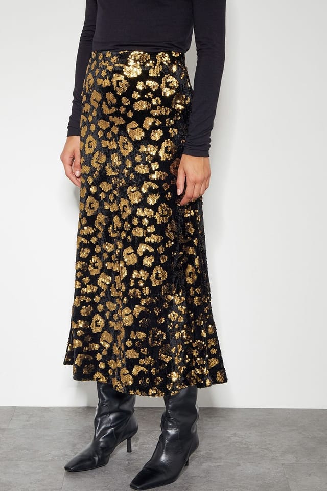 Monsoon Monsoon Women's Arwen Sequin Leopard Velvet Midi Skirt Black - 2
