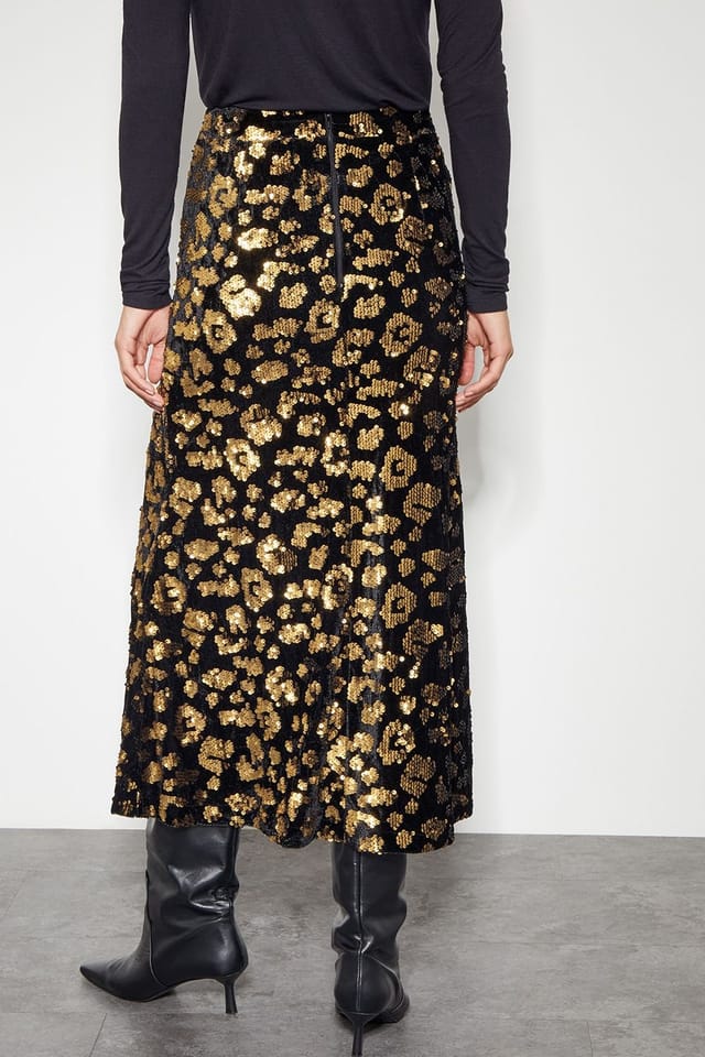 Monsoon Monsoon Women's Arwen Sequin Leopard Velvet Midi Skirt Black - 3