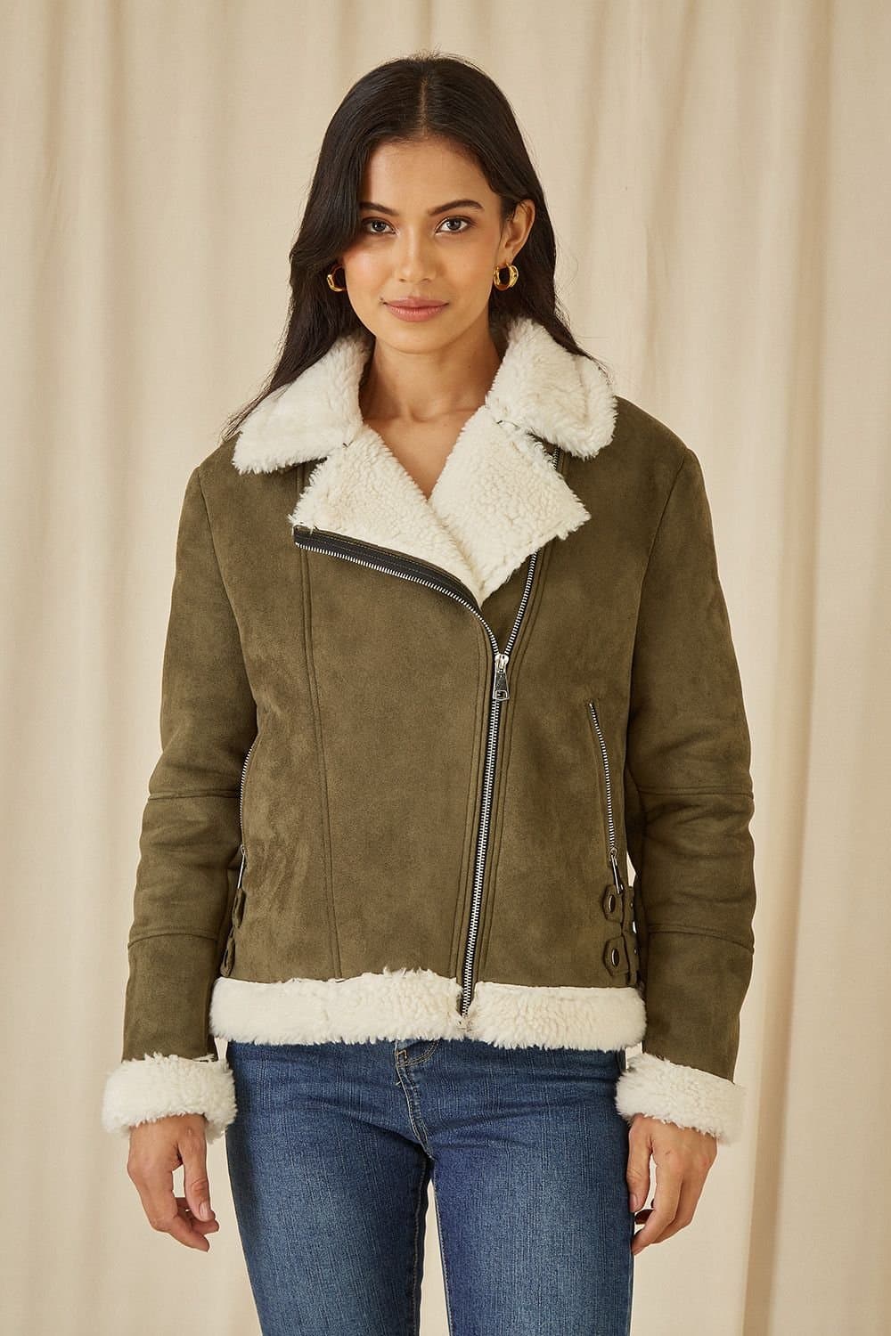 Yumi Yumi Women's Green Faux Suede & Shearling Biker Jacket