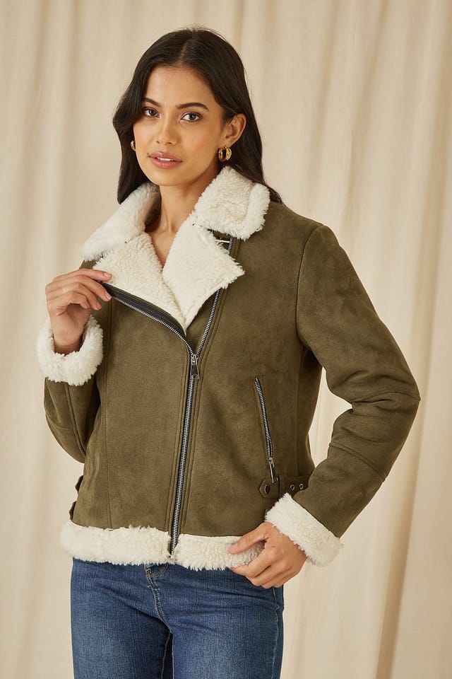 Yumi Yumi Women's Green Faux Suede & Shearling Biker Jacket - 2