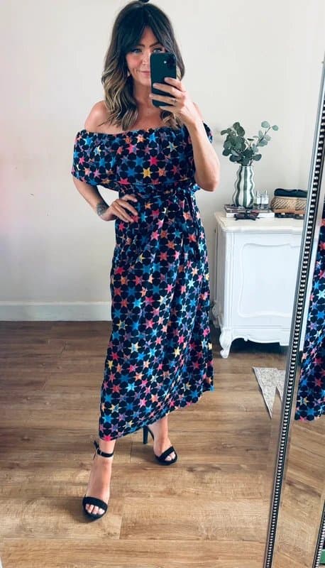 Never Fully Dressed Never Fully Dressed black blue pink star print off shoulder midi dress size 10