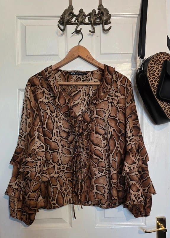 Zara Zara Snake Print Chiffon Ruffle Sleeve Blouse