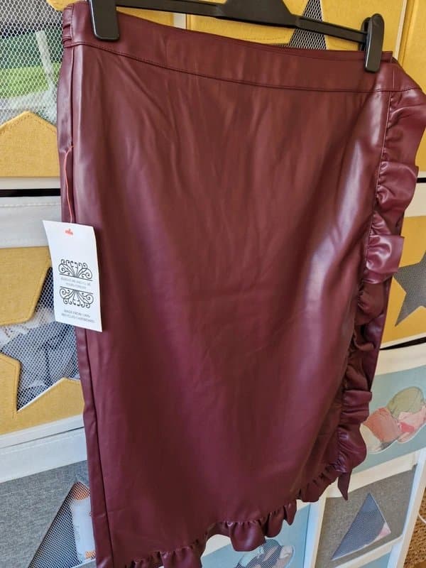 Never Fully Dressed Never fully dressed women's Burgundy / Wine Ruffle Vegan Leather Jaspre Skirt size 18
