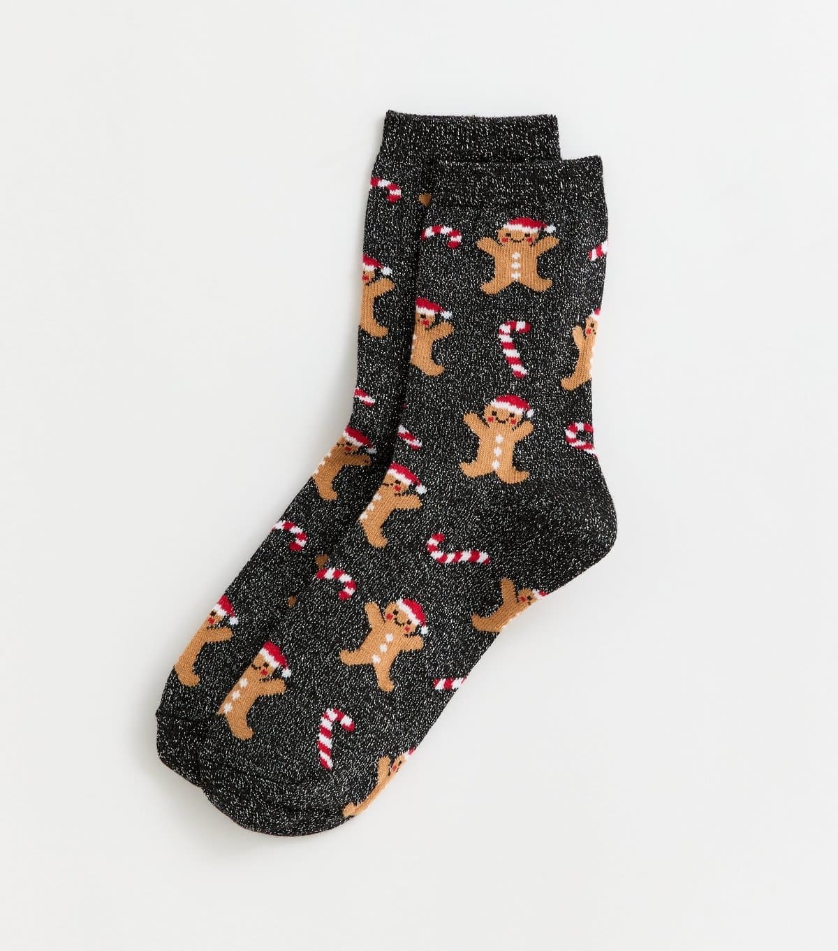 New Look Black Metallic Christmas Gingerbread Pattern Ankle Socks New Look