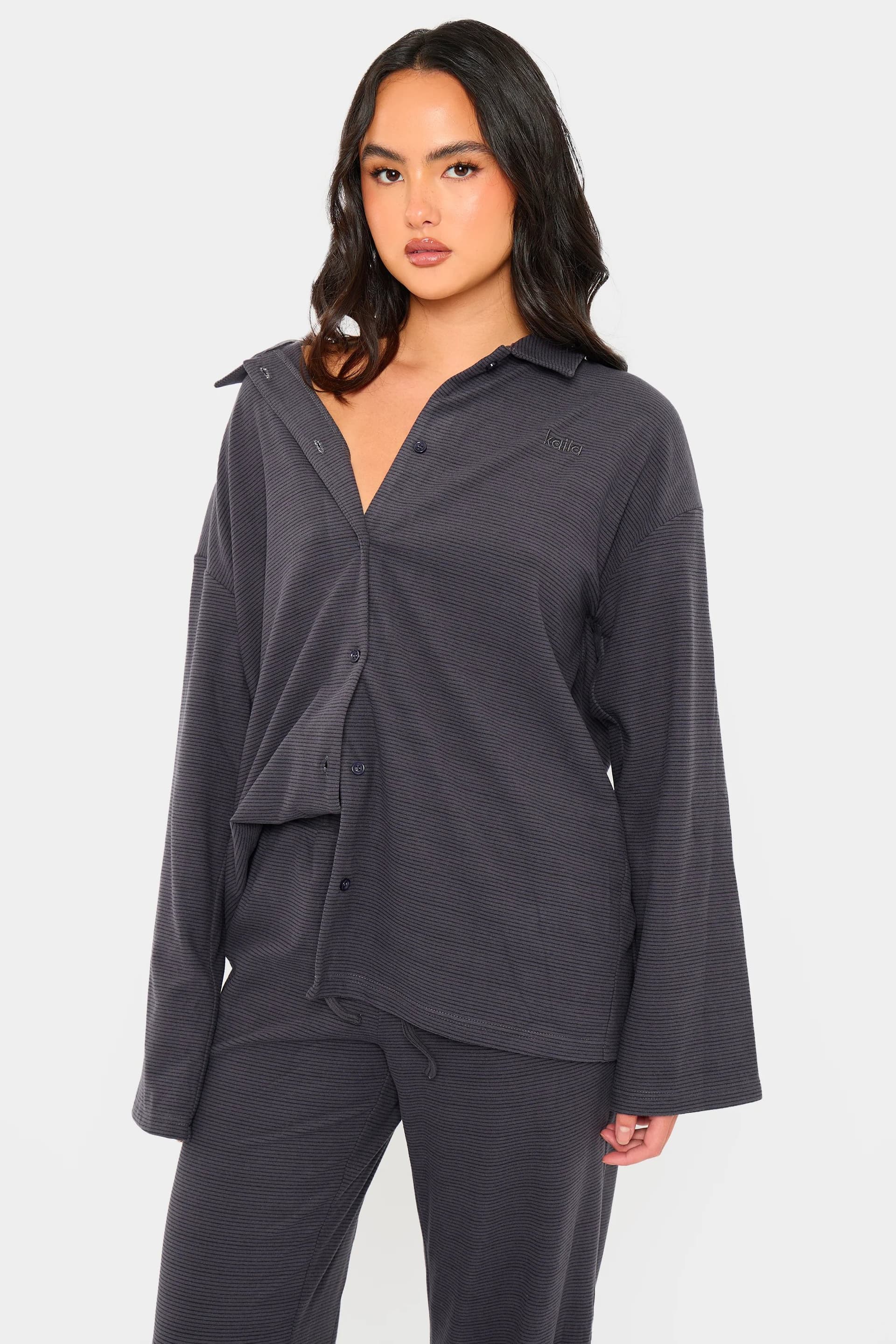 Kaiia Kaiia Striped Fleece Button Down Shirt Navy & Black