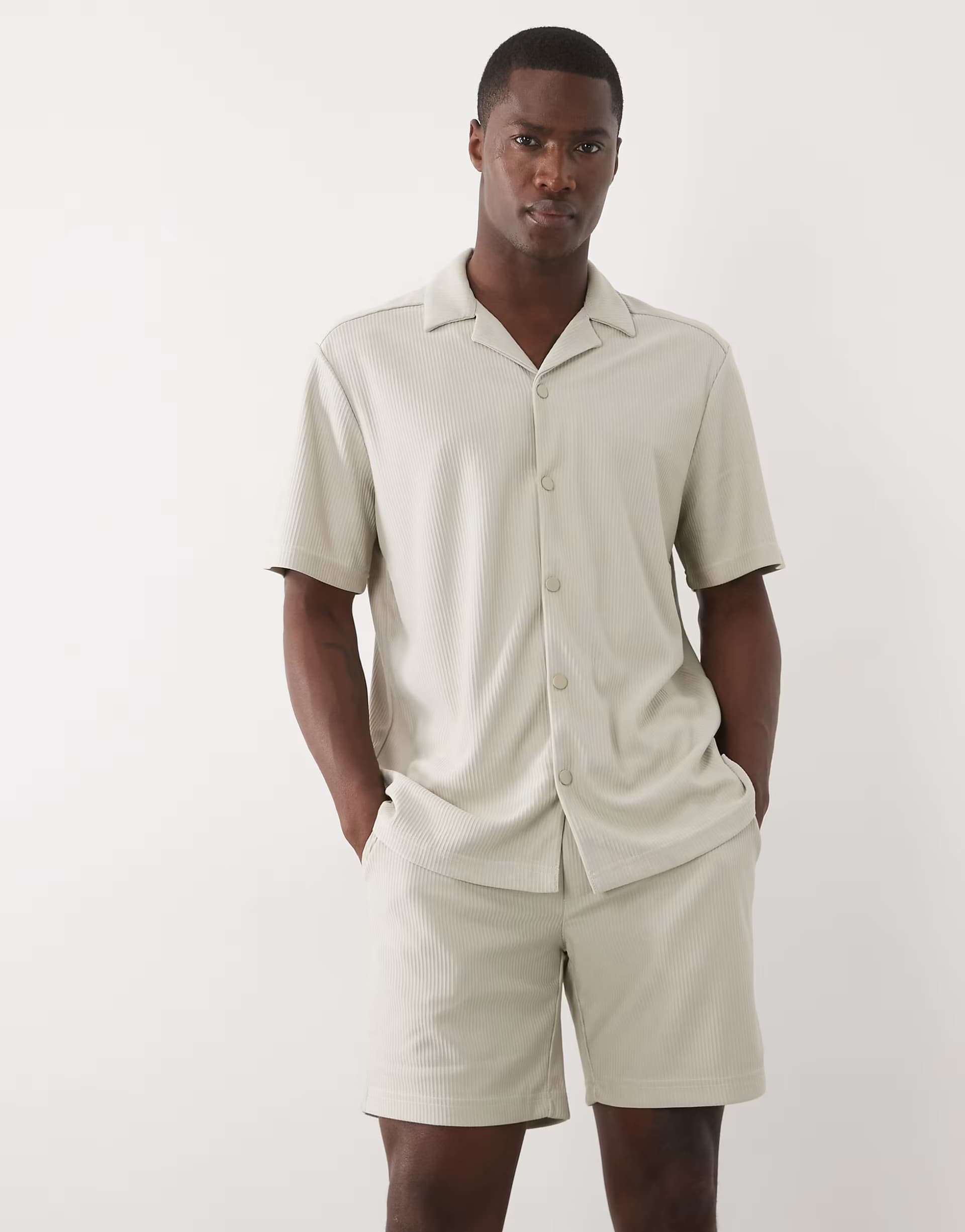 ASOS ONLY & SONS plisse revere collar shirt co-ord in beige