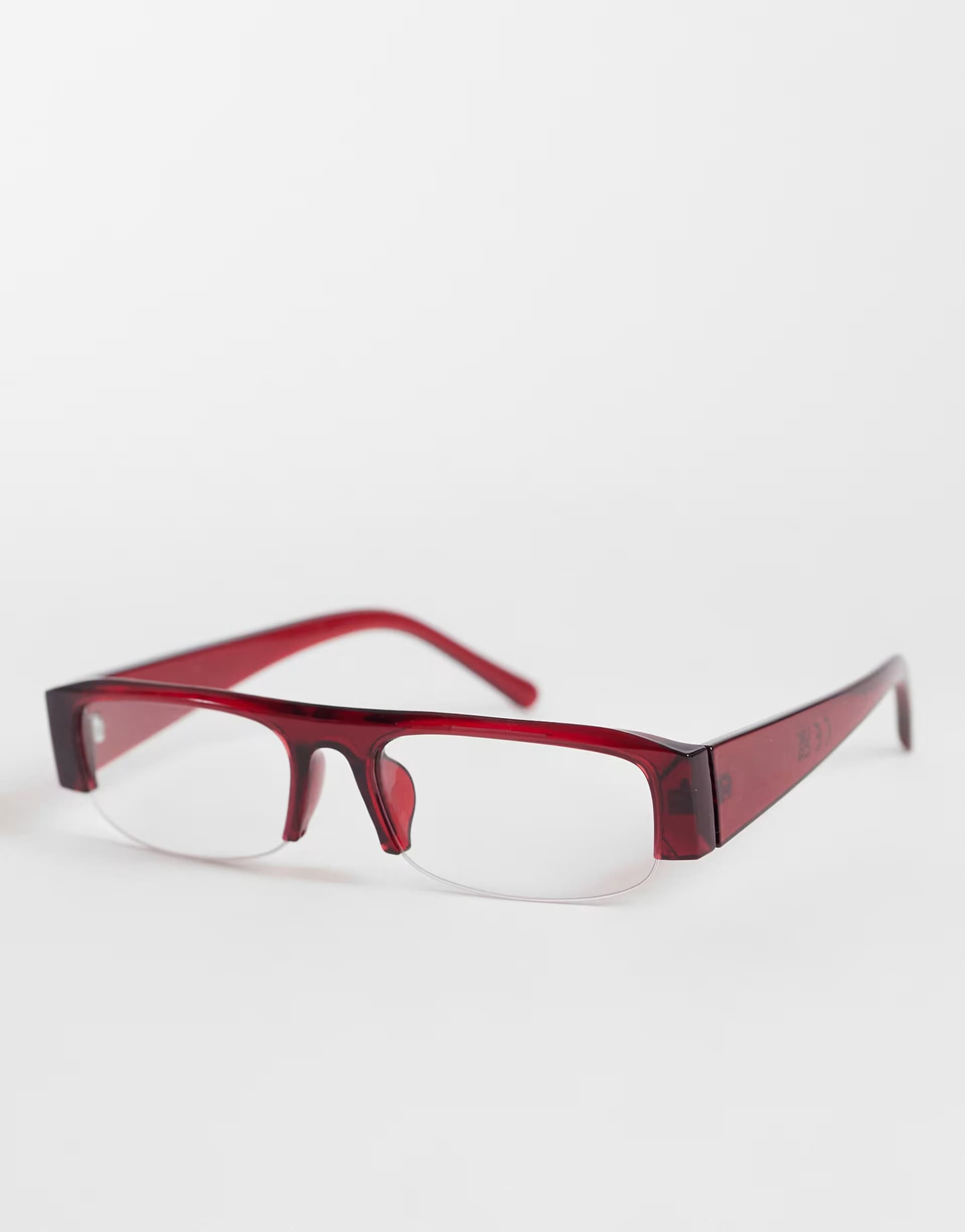 ASOS Kaiia exclusive flat top rimless clear lens glasses in burgundy