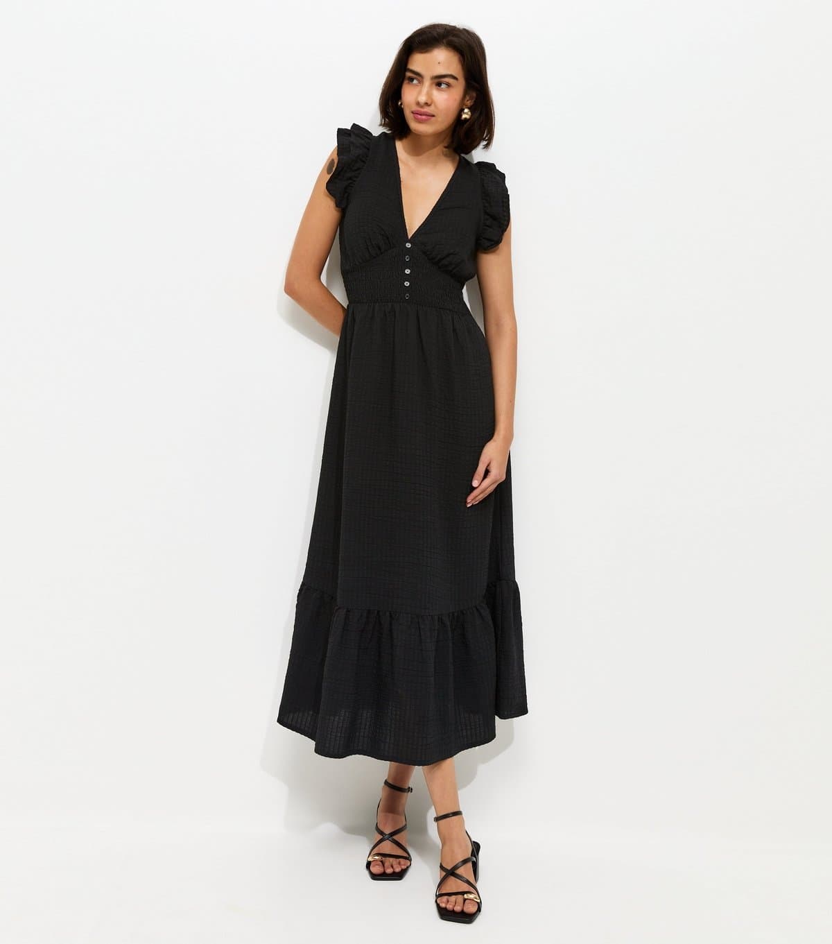 New Look Women's Black Ruffled Cap Sleeve Midi Dress New Look