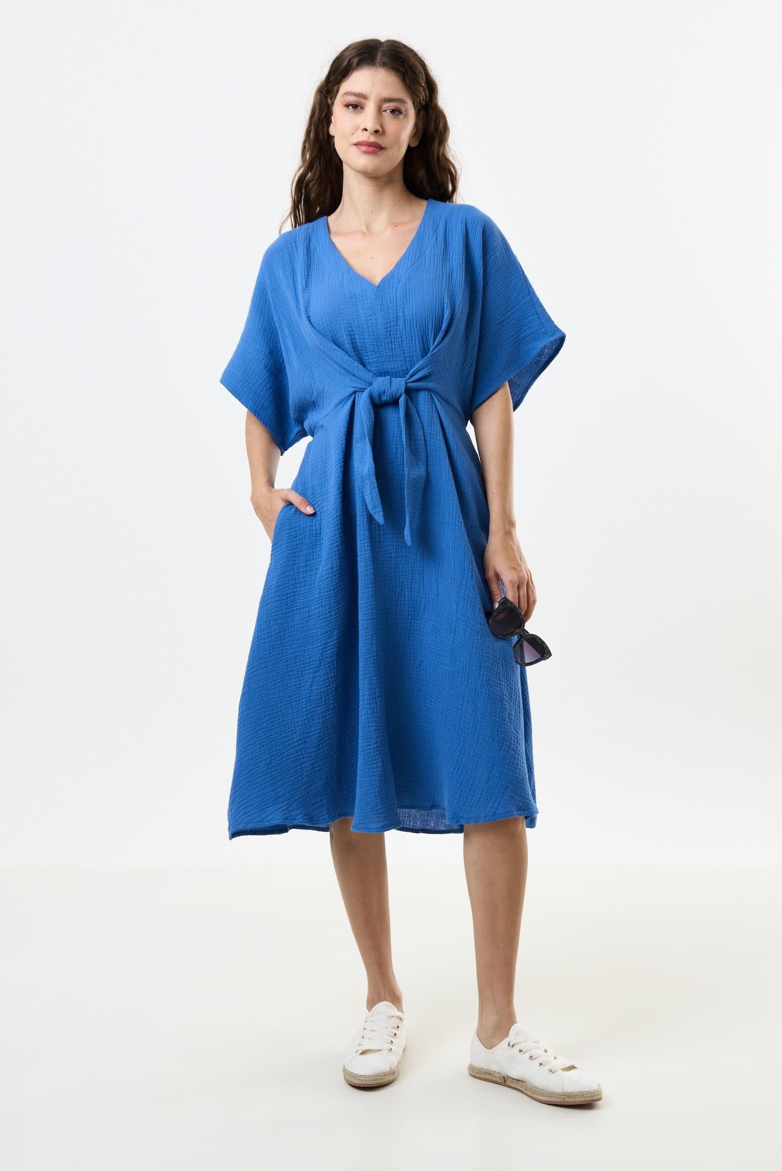 Louche Louche Women's Elody Double Gauze Tie Waist Midi Dress - Blue