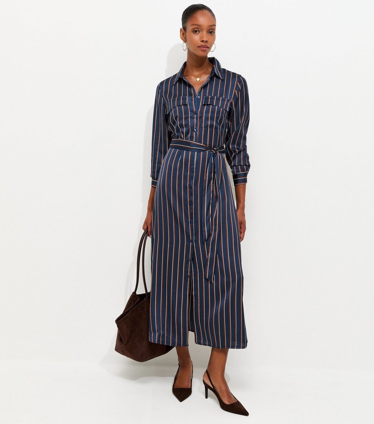 Women's Blue Satin Striped Midi Shirt Dress New Look