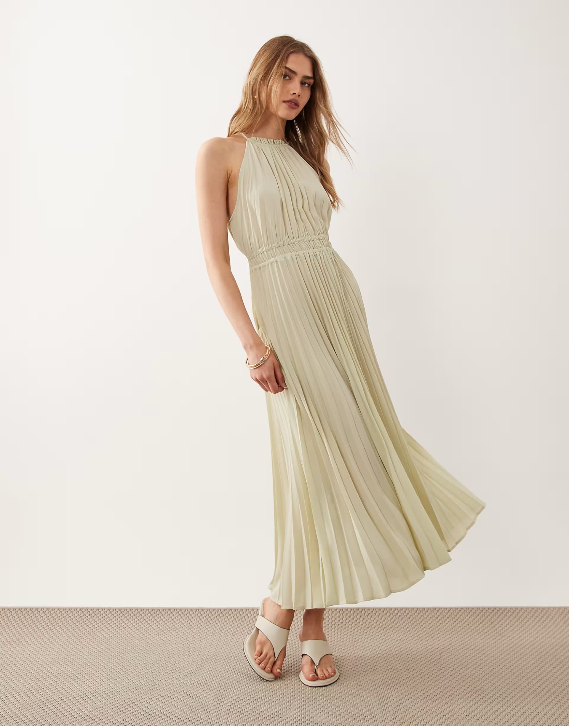 ASOS Mango pleated halterneck midi dress in pastel green