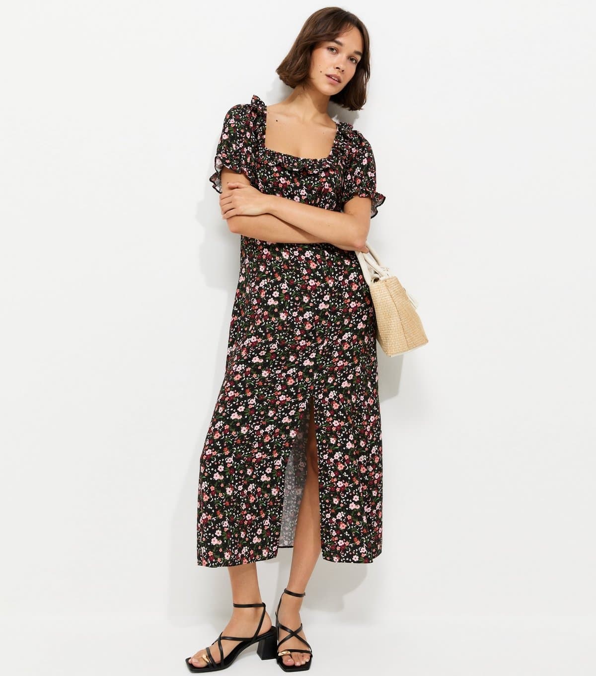 New Look Women's Black Floral Square Neck Midi Tea Dress New Look