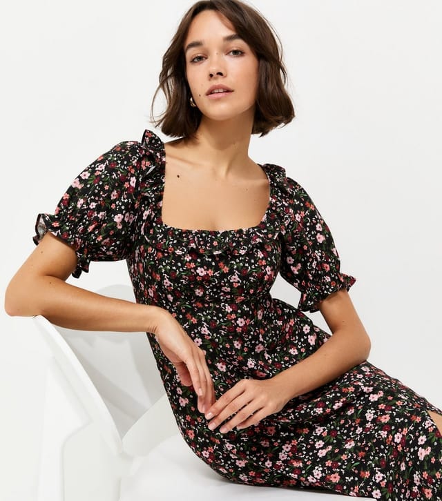 New Look Women's Black Floral Square Neck Midi Tea Dress New Look - 2