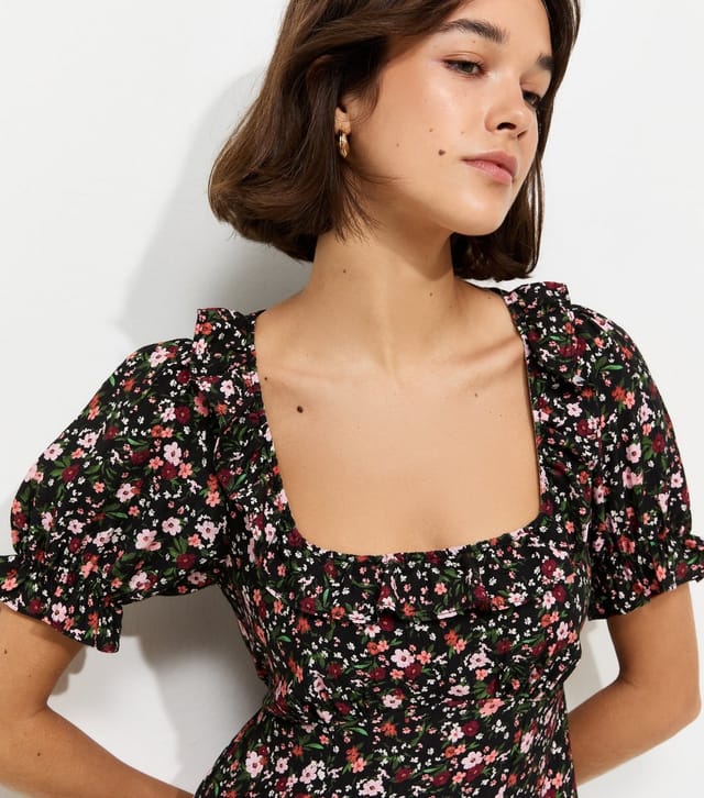 New Look Women's Black Floral Square Neck Midi Tea Dress New Look - 3