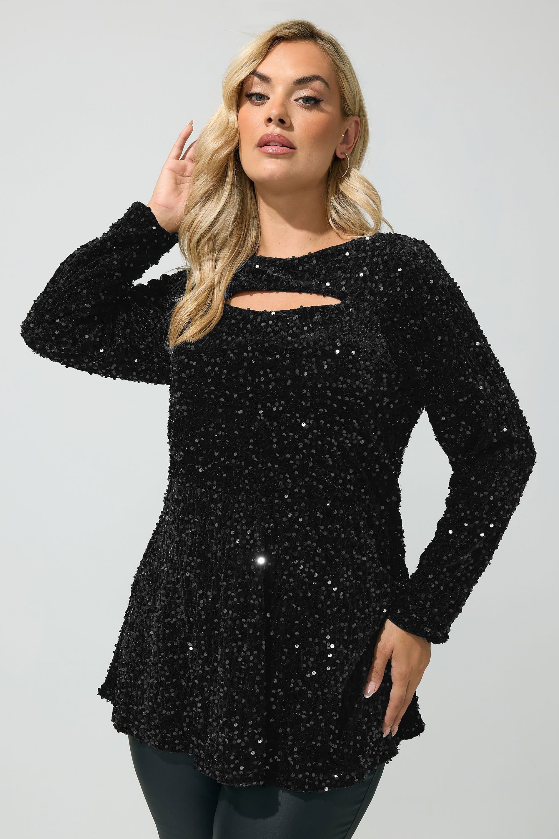 Yours Yours Women's Sequin Velvet Top in Black