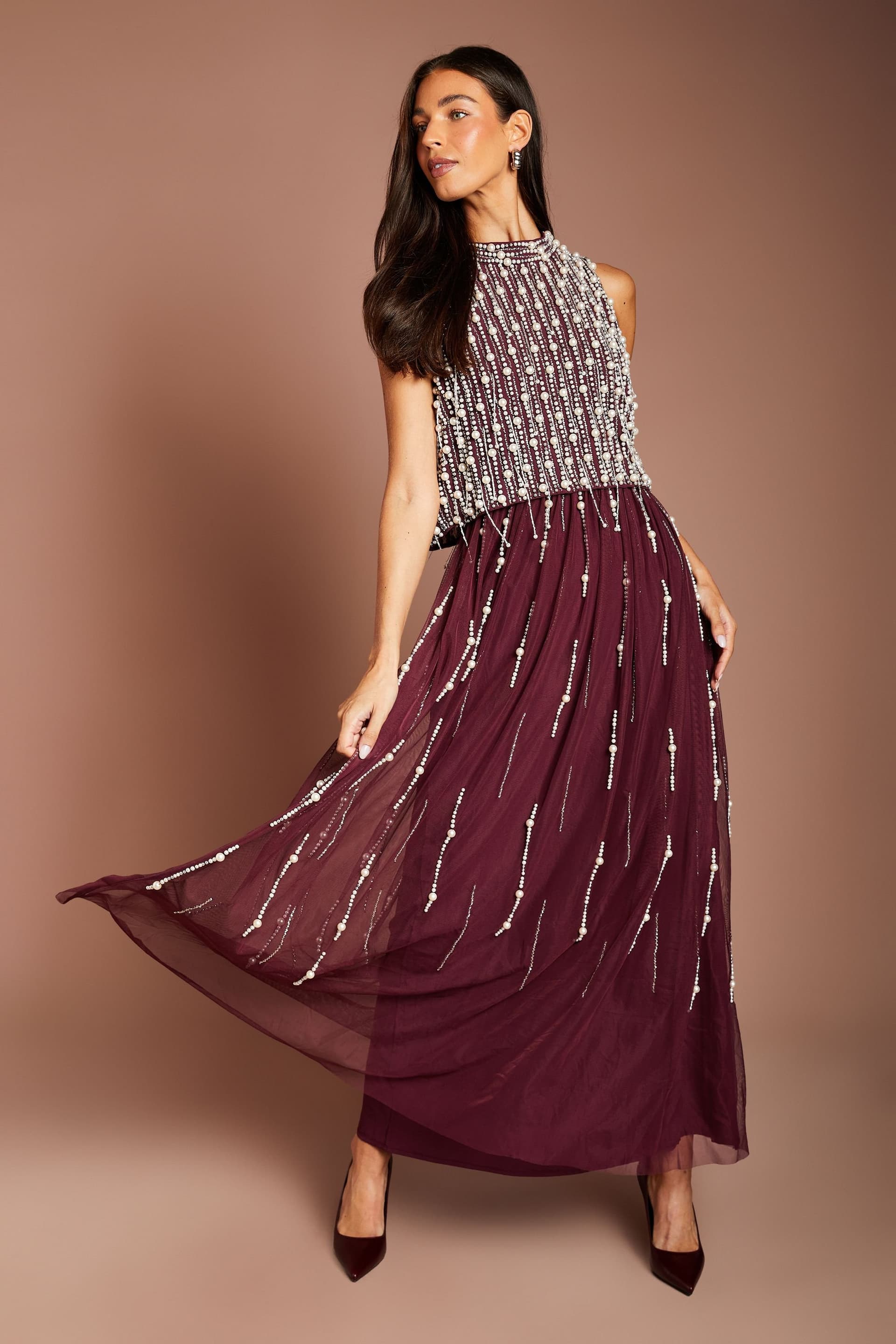 Coast Coast Women's Pearl Beaded Overlay Georgette Maxi Dress in Fig