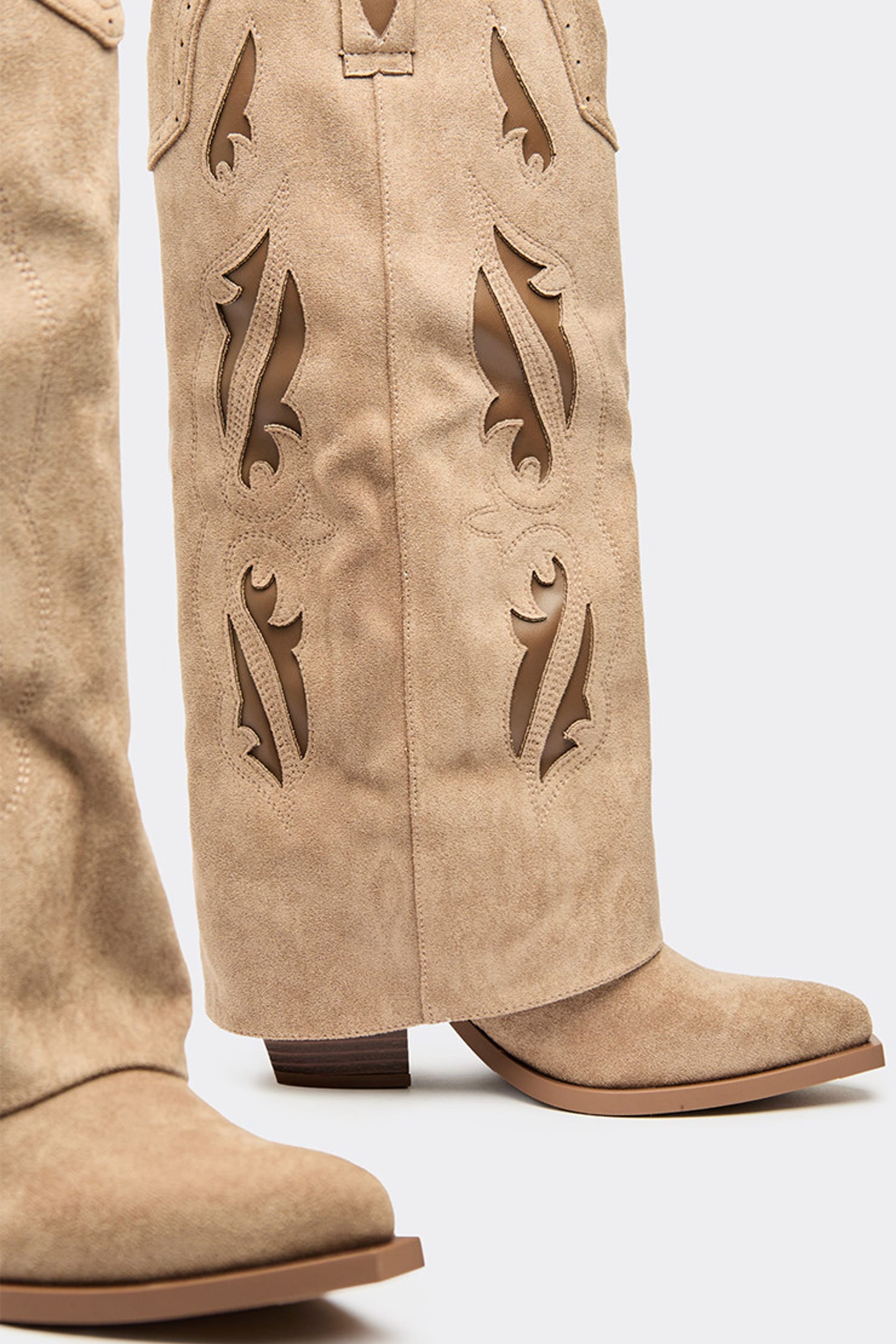 EGO EGO Women's Knee High Cut Out Faux Suede Block Heel Boots in Stone - 4