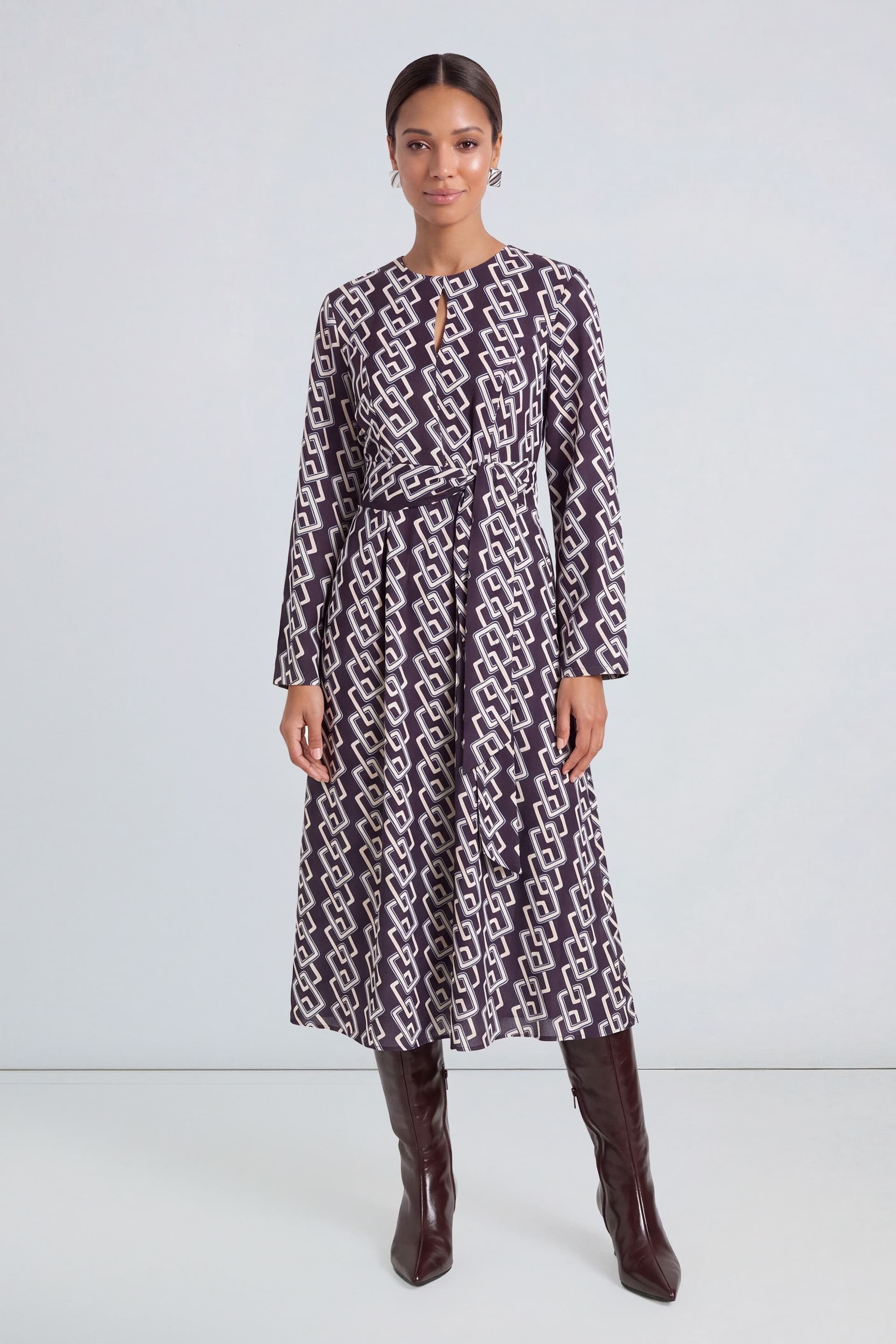 Principles Principles Women's Geo Printed Keyhole Front Tie Waist Midi Dress in Berry